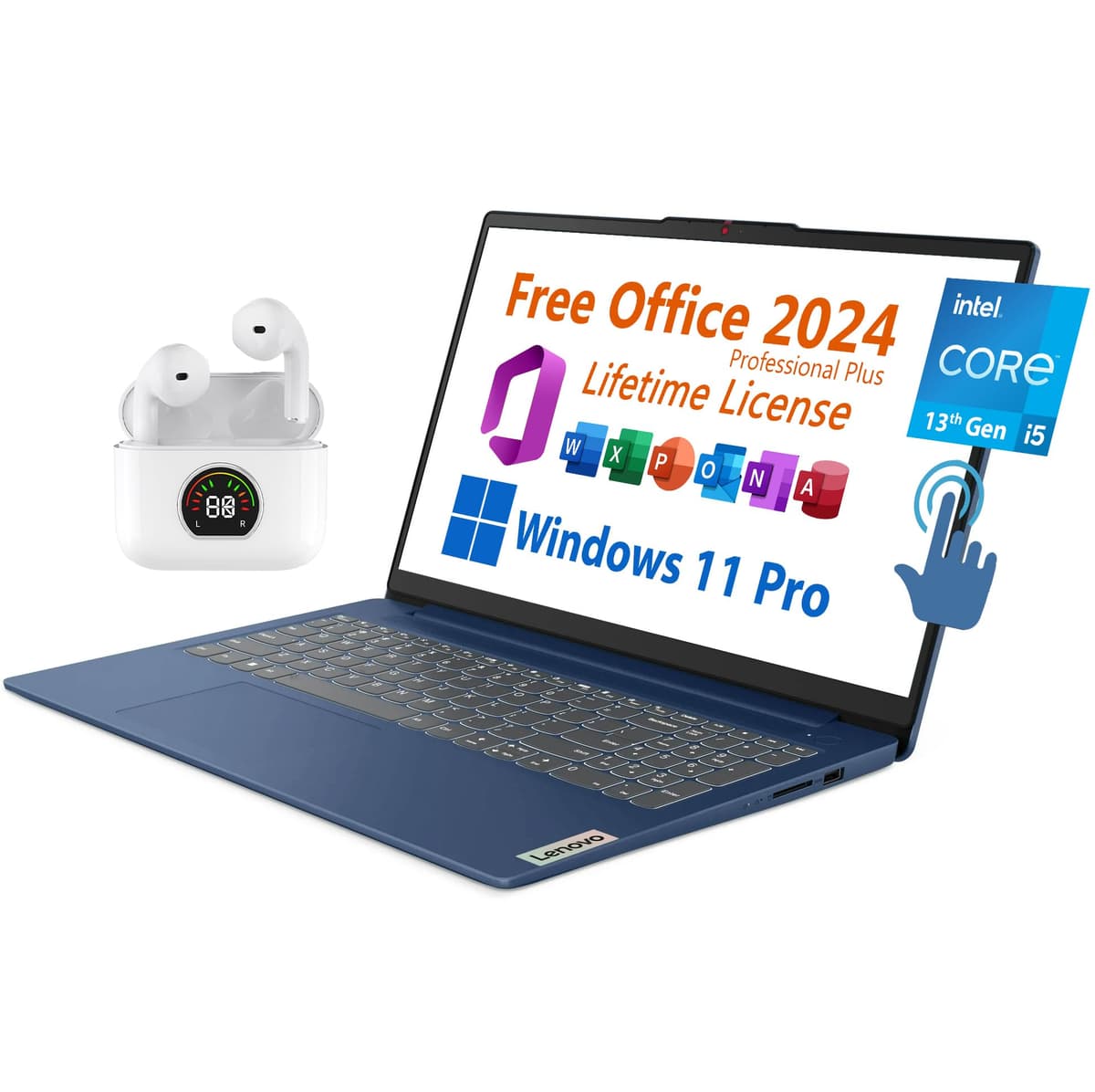 Lenovo laptop de 15.6", Microsoft Office 2024 gratis con licencia de por vida, pantalla táctil FHD, Intel i5-1335U de 10 núcleos 4.6 GHz, 40 GB RAM, 1 TB SSD, WiFi 6, 7 horas de batería, Windows 11 Pro, audífonos Toree IdeaPad 1i
