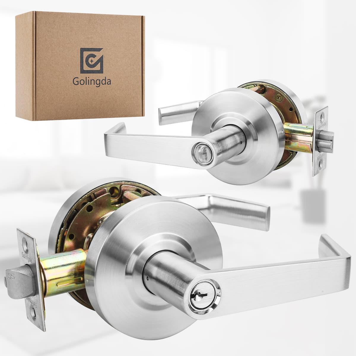 Paquete de 25 manijas de entrada para puerta comerciales cerraduras para puertas hechas de cromo satinado con manijas de palanca de servicio pesado cerraduras para puertas Golingda-Commercial-CP-3-ET-25P