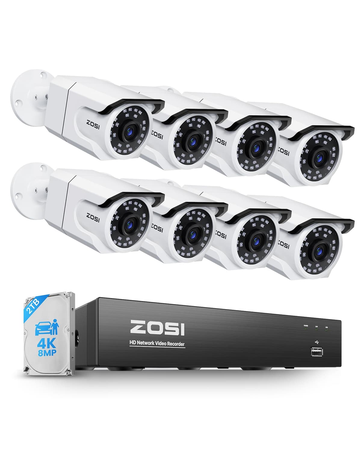 Sistema de Cámaras de Seguridad ZOSI 4K PoE, 8 x Cámaras de Interior/Exterior 8MP/4K con Detección de Personas y Vehículos, Conteo de Personas, Audio Unidireccional, Visión Nocturna, NVR CCTV 8CH 8MP con HDD de 2TB para Grabación Comercial 24/7 88N2-1058W8-US-V2