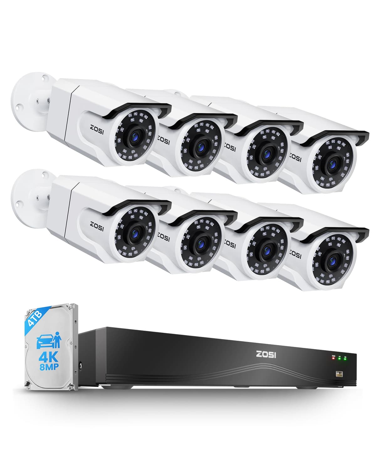 Sistema de cámaras de seguridad ZOSI 16CH 4K PoE, 8 cámaras exteriores de 8MP, audio unidireccional, conteo de personas, detección de personas/vehículos, visión nocturna, NVR de 16 puertos 32CH con HDD de 4TB para grabación 24/7 en hogar/negocio 168B4-1058W8-US