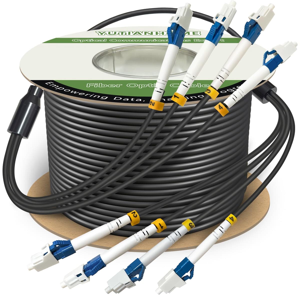 YUTIANHOME 300 Metros Cable de Fibra Óptica Blindado Exterior TPU de 4 Núcleos LC a LC, 4 Fibras OS2 Monomodo con Conectores LC, 9/125 µm, OD 5 mm, Enterrado Directo LC-LC YT-LC-SM-4C-300m