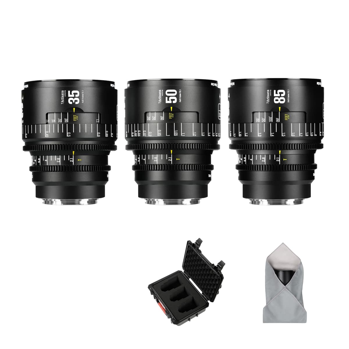 7artisans Serie INFINITE Cine T2.1 (35/50/85mm) Lente Manual Cine Full Frame para Montura EF, Negro 35-85T2.1 EF B