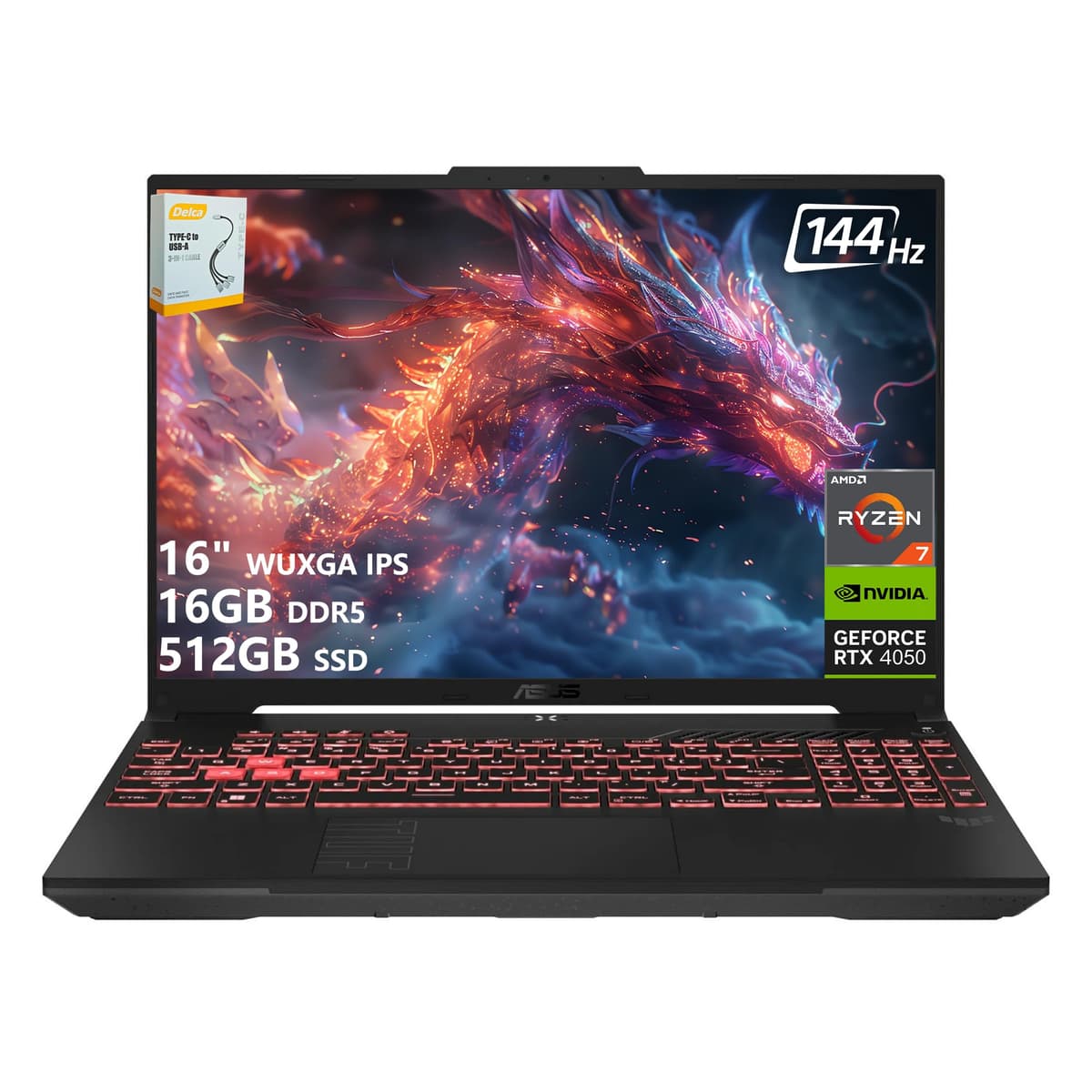 ASUS TUF A16 Laptop Gamer | 16" WUXGA IPS 144Hz | AMD Ryzen 7 7445HS de 6 núcleos | 16GB DDR5 512GB SSD | NVIDIA GeForce RTX 4050 (194 AI Tops) | Teclado retroiluminado USB4 Wi-Fi 6 Win11 con acceso a accesorio DLCA