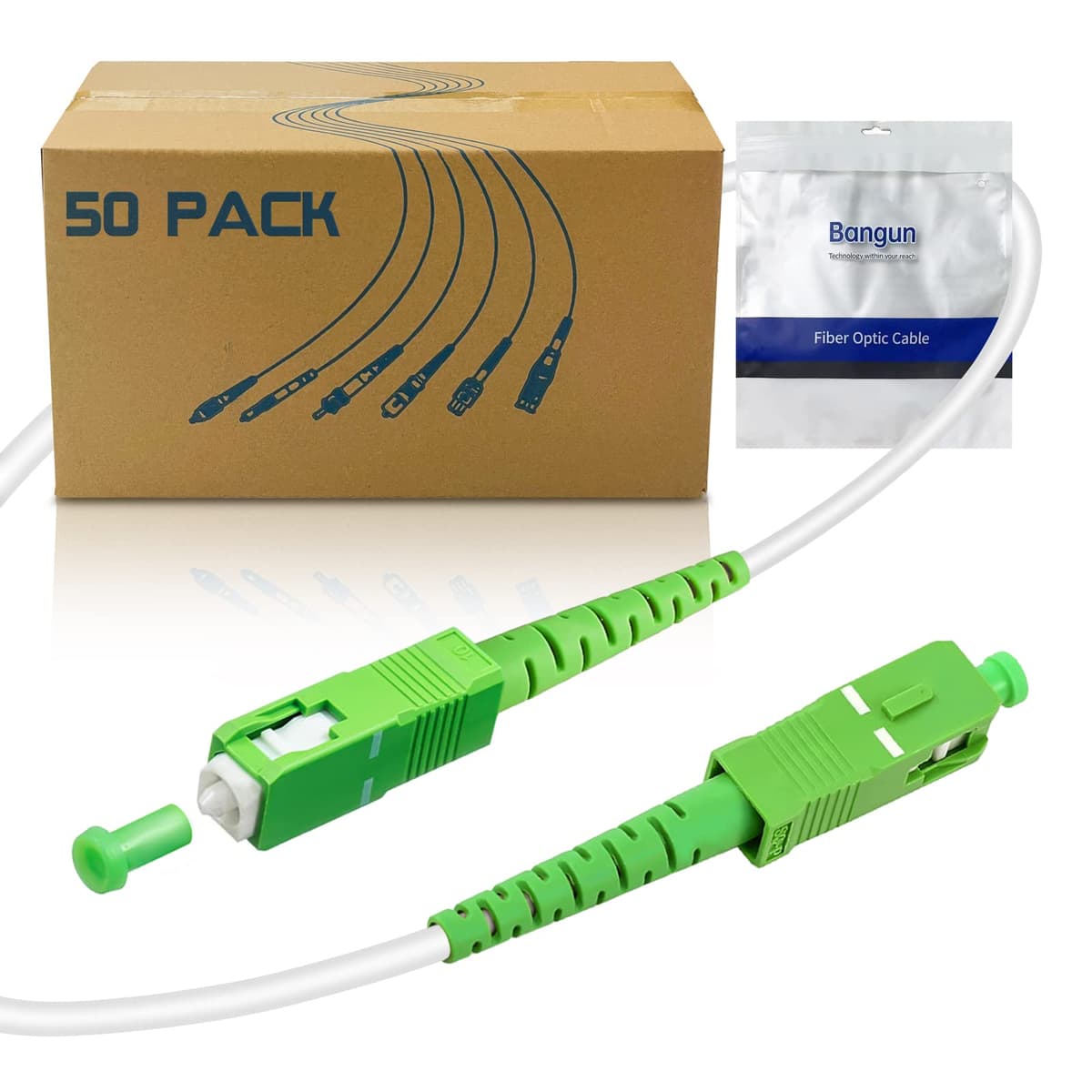 Bangun Paquete de 50 - Cable de Internet de Fibra Óptica SC/APC a SC/APC 10m, Patch Armado de Modo Único, Jumper/Conector Óptico Simplex 9/125µm Compatible OS1/OS2, LSZH Blanco Ban-apc-10mw-50pk