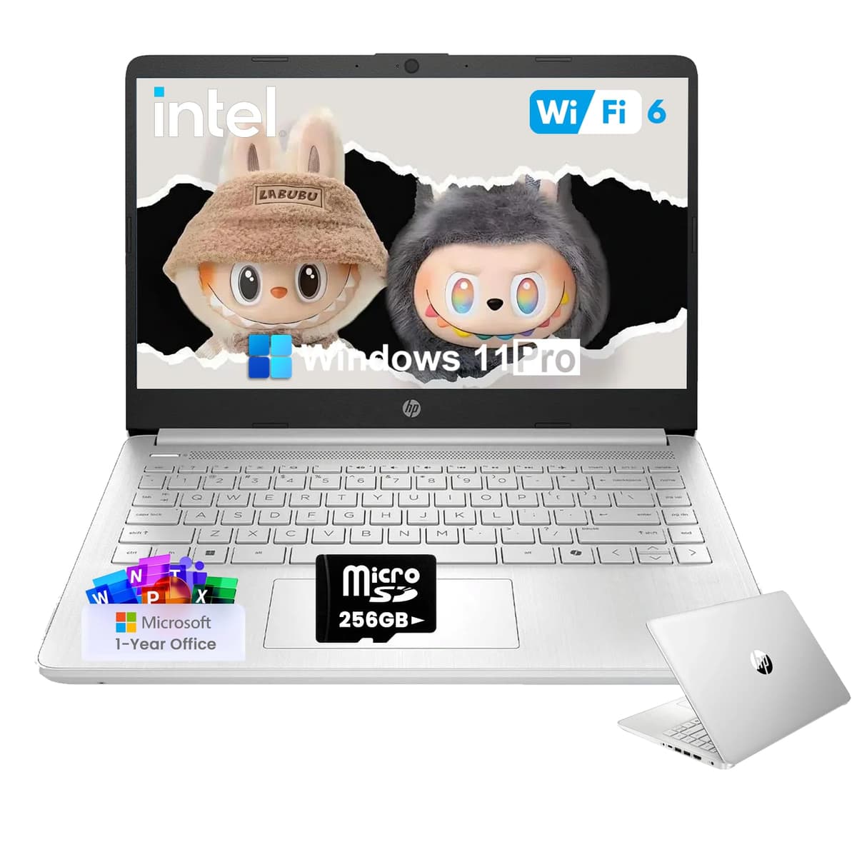 Portátil empresarial estudiantil HP 2025 - con 1 año de Office 365, 16 GB RAM, 128 GB UFS y tarjeta SD de 256 GB, Copilot IA, procesador Intel de 4 núcleos, pantalla HD, Windows 11 Pro (Plateado) N-Series