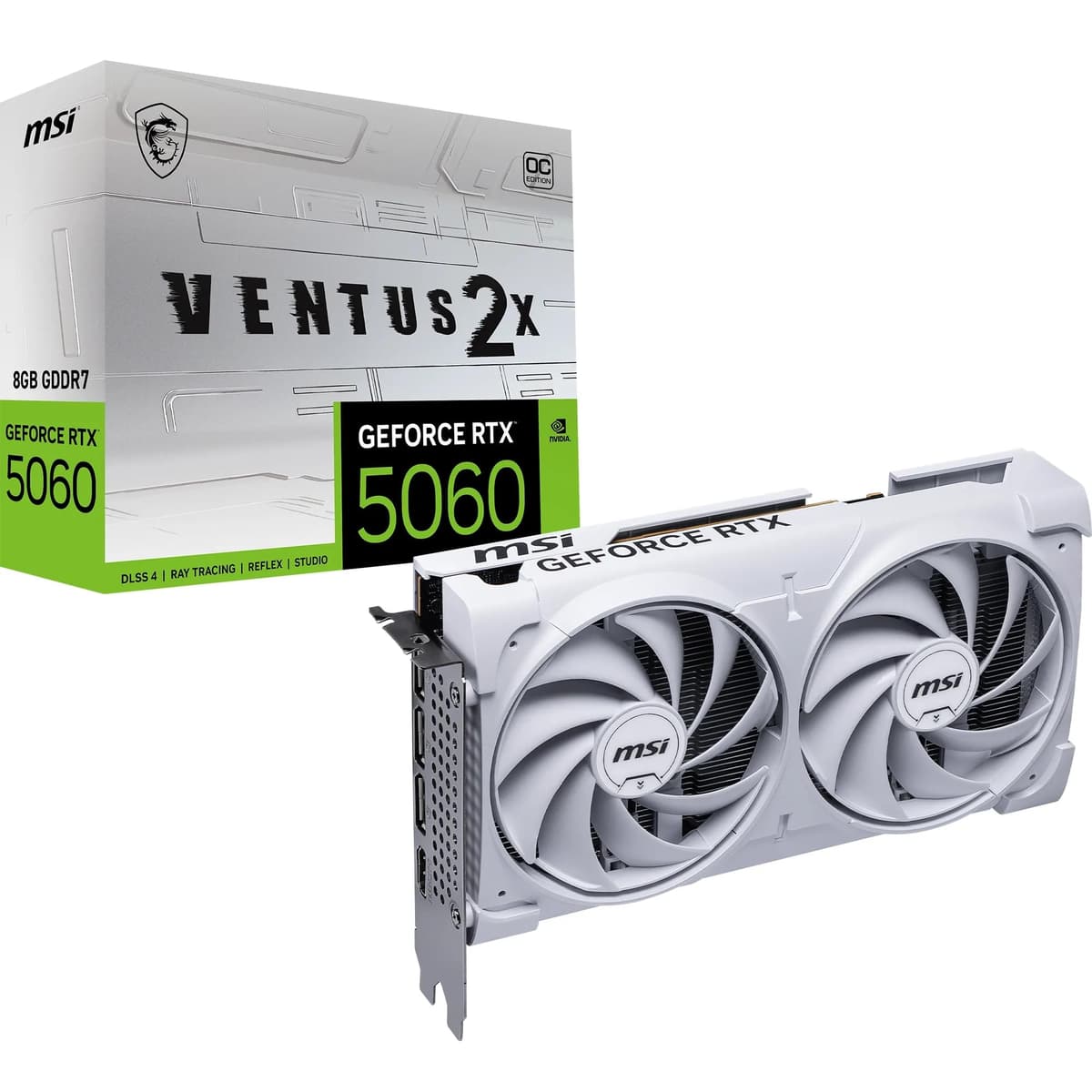 MSI GeForce RTX 5060 8G Ventus 2X OC White Tarjeta de Video - GPU RTX 5060, 8GB GDDR7 (28 Gbps/128 bits), PCIe 5.0 - Diseño Térmico de Doble Ventilador (2 x TORX Fan 5.0) - HDMI 2.1b, DisplayPort 2.1b V537-003R