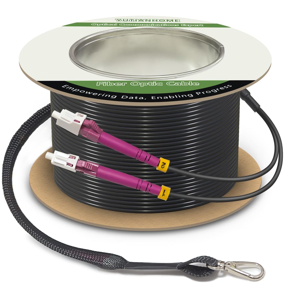 YUTIANHOME Cables de parche de fibra OM4 LC a LC blindados de 300 metros (1000 pies), cable óptico multimodo LC 10 Gb para interior/exterior con kit de ojo de izado instalado en un extremo, jumper dúplex MMF 50/125 μm LC, negro YT-LC-OM4-3.0mm-300m