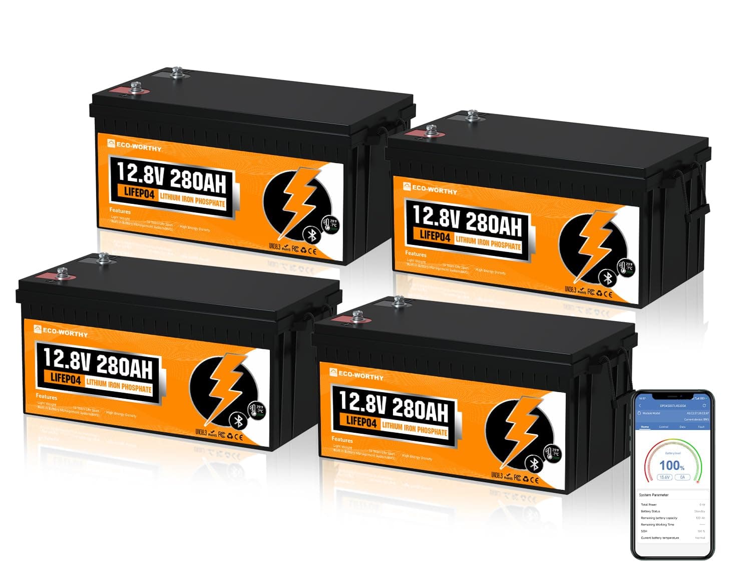 ECO-WORTHY 48V 280Ah (4×12V 280Ah) LiFePO4 con Bluetooth y Protección Low-Temp - 14.34kWh para RV, Off-Grid, Solar y Backup L13080202071-4