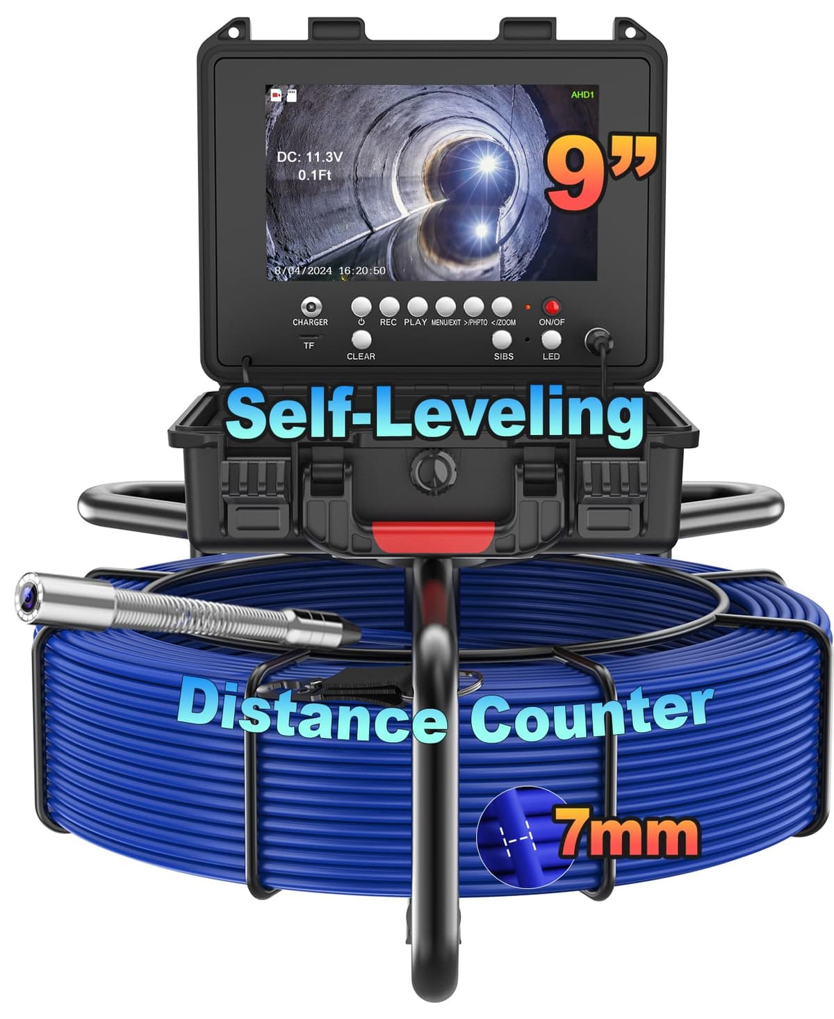 Cámara de inspección Anysun para alcantarillado 300FT con pantalla 9" 1080P, cable 7mm, DVR y tarjeta 32GB