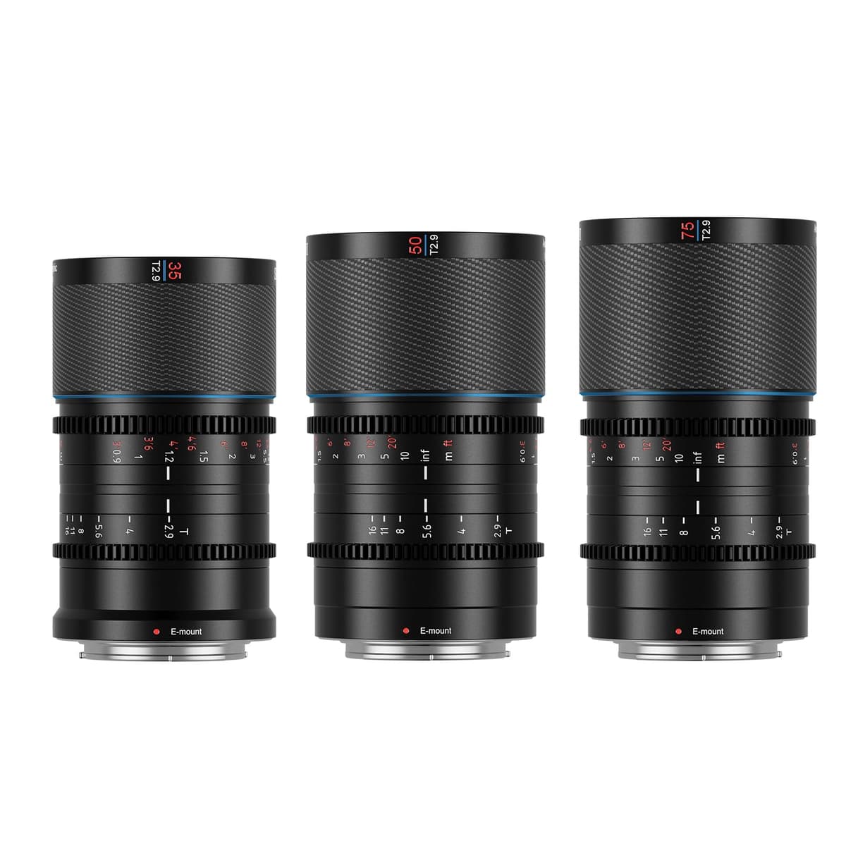SIRUI Saturn 35mm, 50mm, 75mm T2.9 1.6X Anamórficas Full Frame Carbon Fiber para Montura E (Blue Flare) Saturn 3S-EB