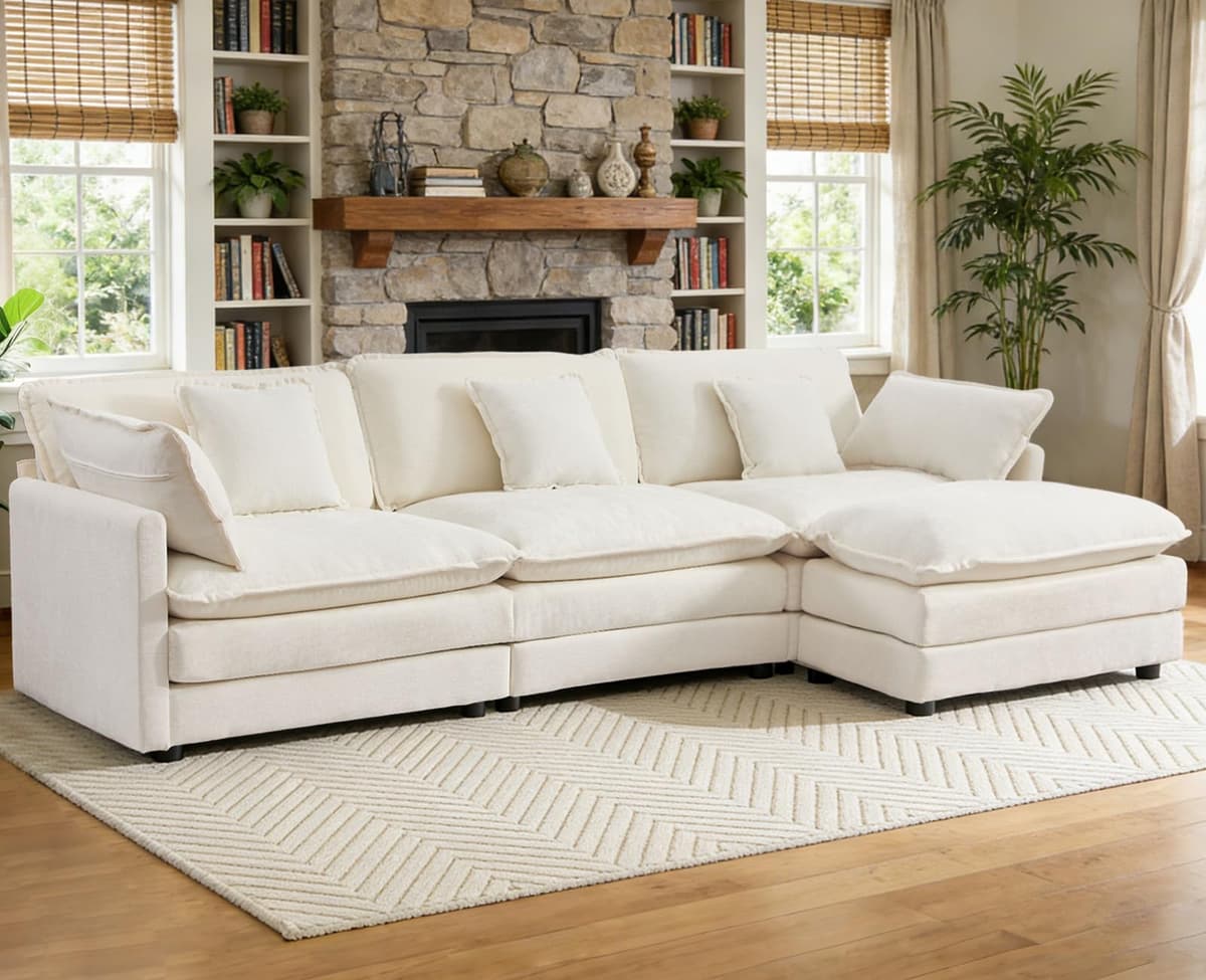 VEPXXP Sofa Modular Seccional L de Chenille, Asiento Profundo, 3 Plazas con Puff Móvil, Beige