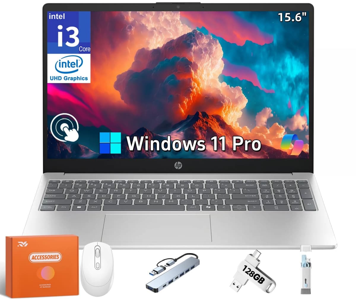 HP 2025 Portátil con Pantalla Táctil, Intel i3-1315U (Mejora sobre i3-1215U, Hasta 4.5 GHz), 64 GB RAM, SSD 2 TB, Pantalla Antirreflejo 15.6" 250 nits, Intel UHD Graphics, Windows 11 Pro y Copilot-AI Chat con Accesorios 15-fd0123dx