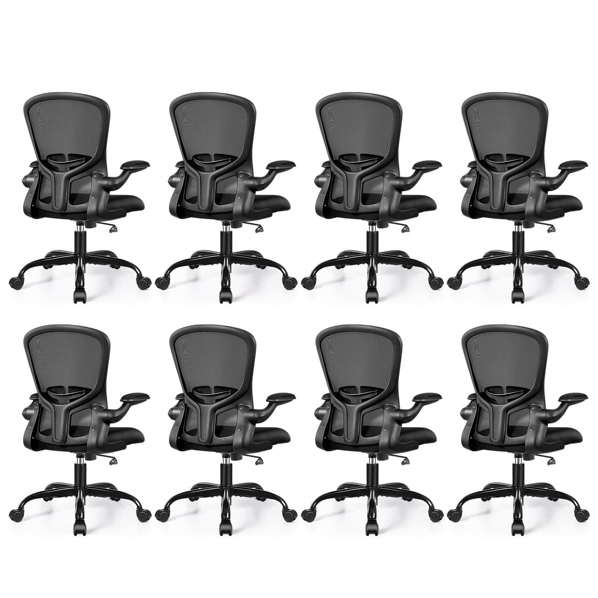 FelixKing Sillas de oficina ergonómicas con ruedas, soporte lumbar ajustable, reposabrazos abatibles, respaldo de malla (Negro, pack de 8) FK936