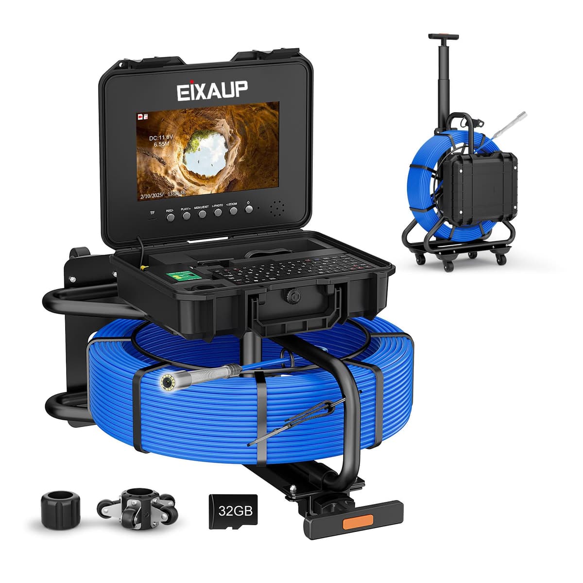 EIXAUP Sewer Camera Self-Leveling 512Hz Sonde 10.1" IPS 1080P DVR 50m Cable 32GB Card Portable Wheeled Case EIX5809