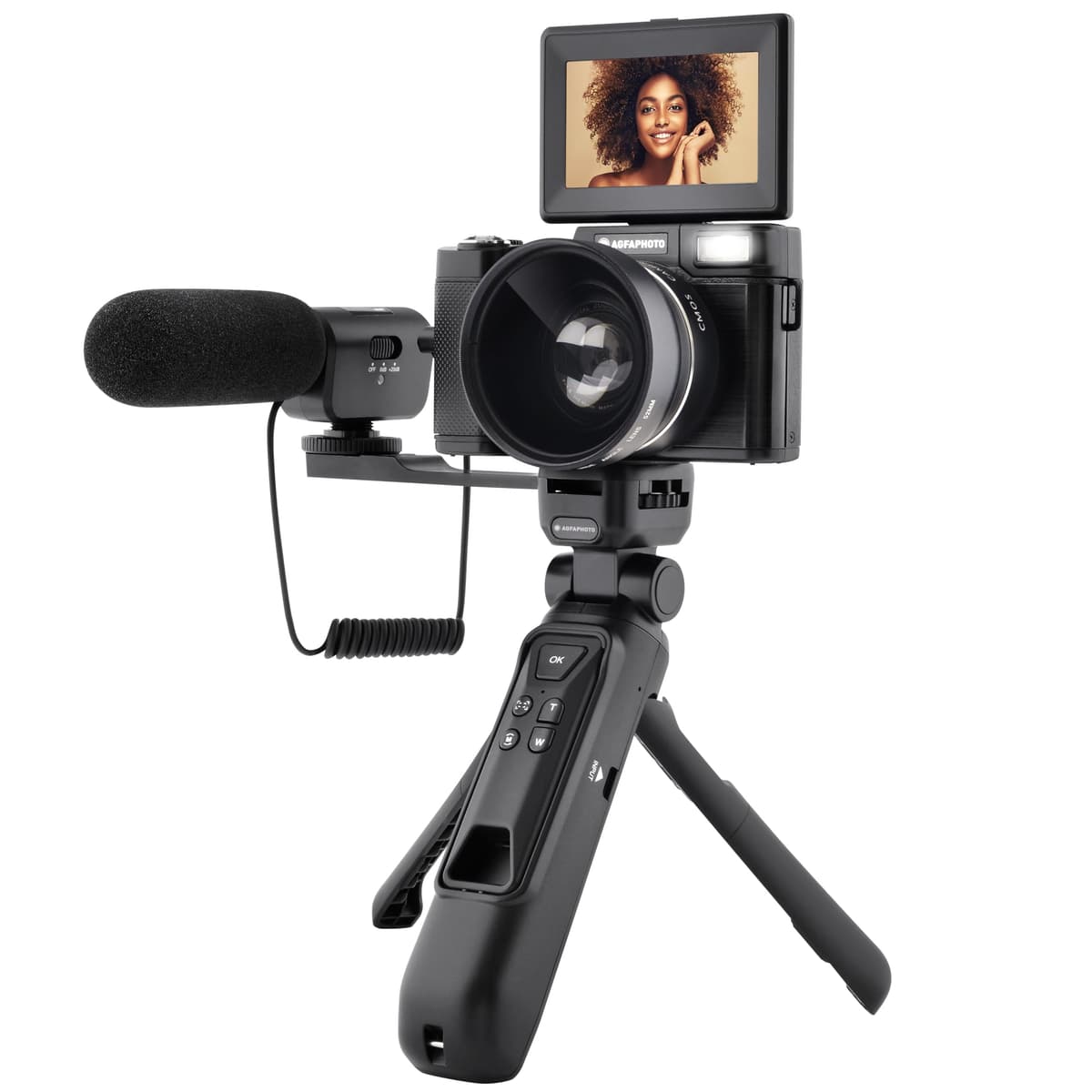 AGFA PHOTO Vlogging Kit - Cámara VLG-4K con lente gran angular, trípode powerbank, control remoto y micrófono 3760265543915