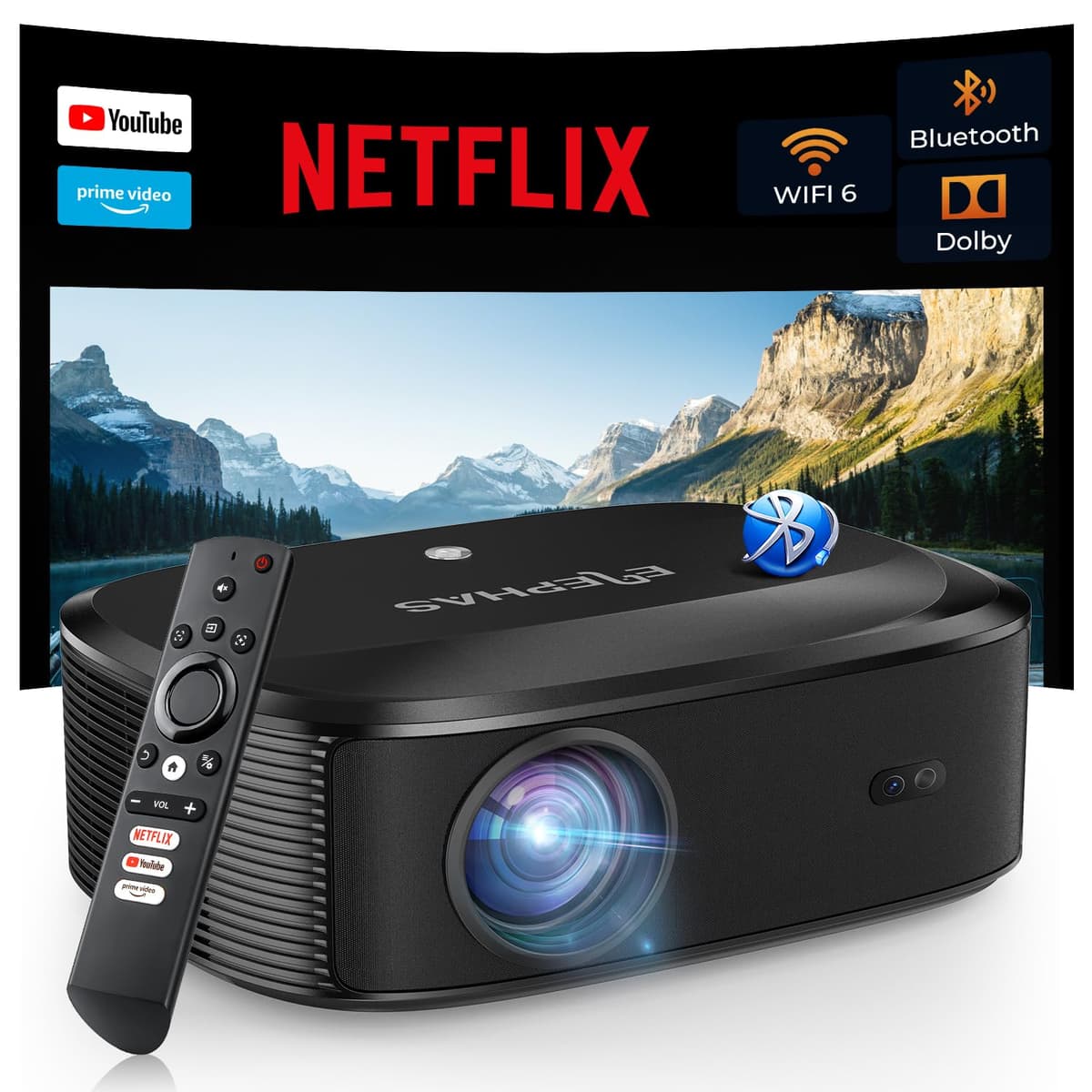 Proyector 4K con WiFi y Bluetooth, Proyector de Cine al Aire Libre ELEPHAS Compatible con NETFLIX/Prime Video/YouTube, Más de 100,000 Apps Compatibles, Proyector Inteligente para HDMI/USB/iOS/Android/Windows W1K
