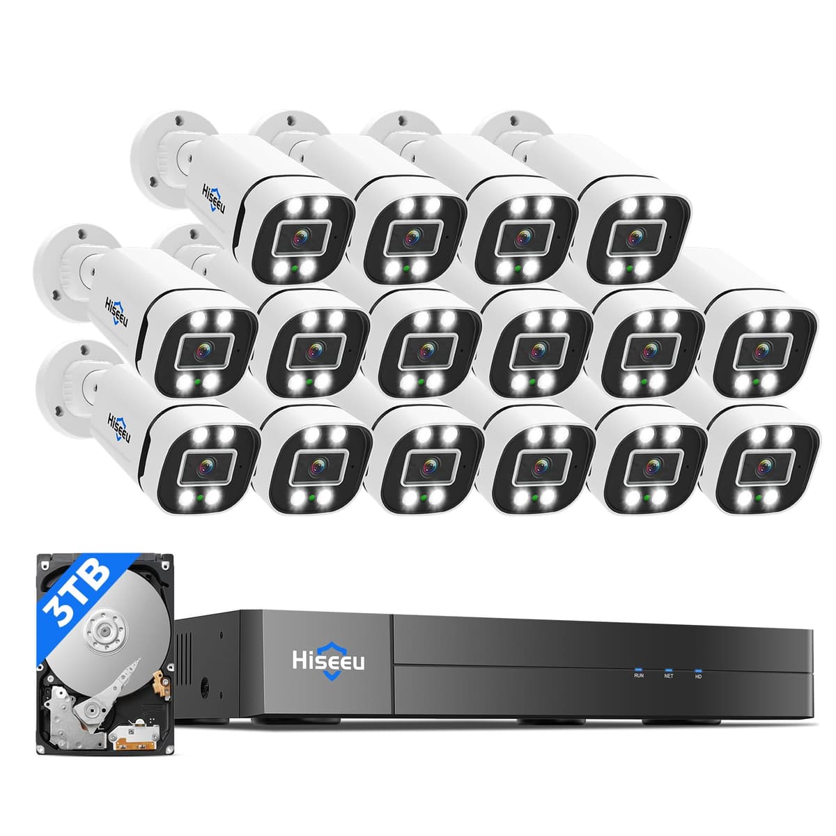 Sistema de cámaras de seguridad cableadas Hiseeu 16CH 3K con luz dual inteligente, audio, detección de vehículo/persona, DVR 5MP 16CH, 16 cámaras 5MP IP67 para interior/exterior, HDD 3TB para seguridad doméstica 24/7 AK-16YAHB915SA-CT