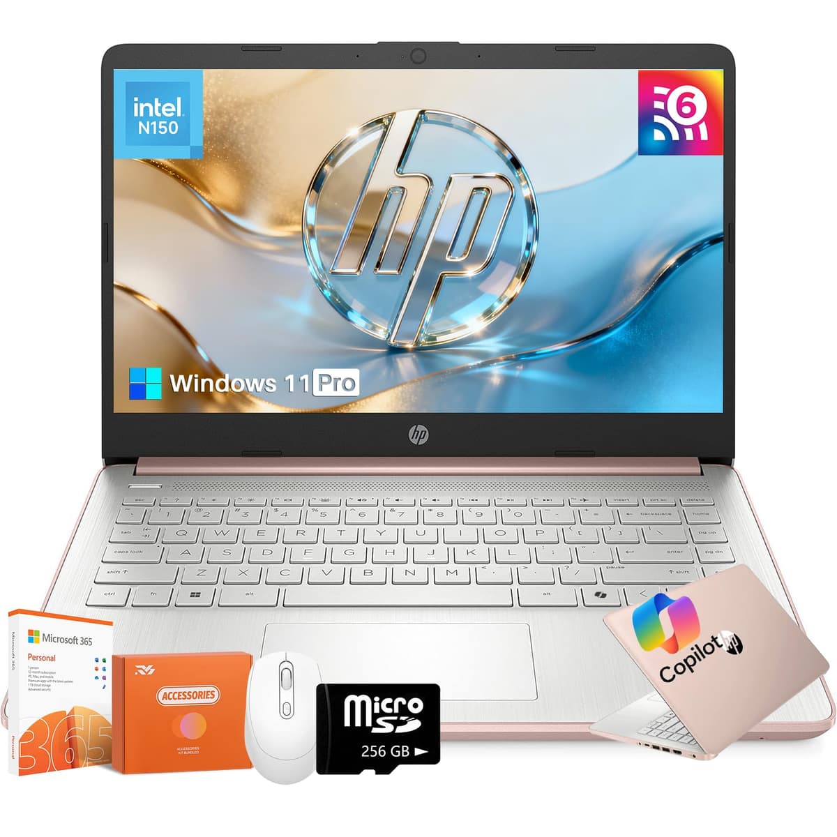 HP 2025 Nueva Laptop para Estudiantes y Negocios, pantalla antirreflejo de 14", CPU Intel N150, 16 GB RAM, 384 GB almacenamiento (128 GB eMMC + 256 GB SSD), Windows 11 Pro, Copilot AI, Wi-Fi 6,1 año Microsoft 365