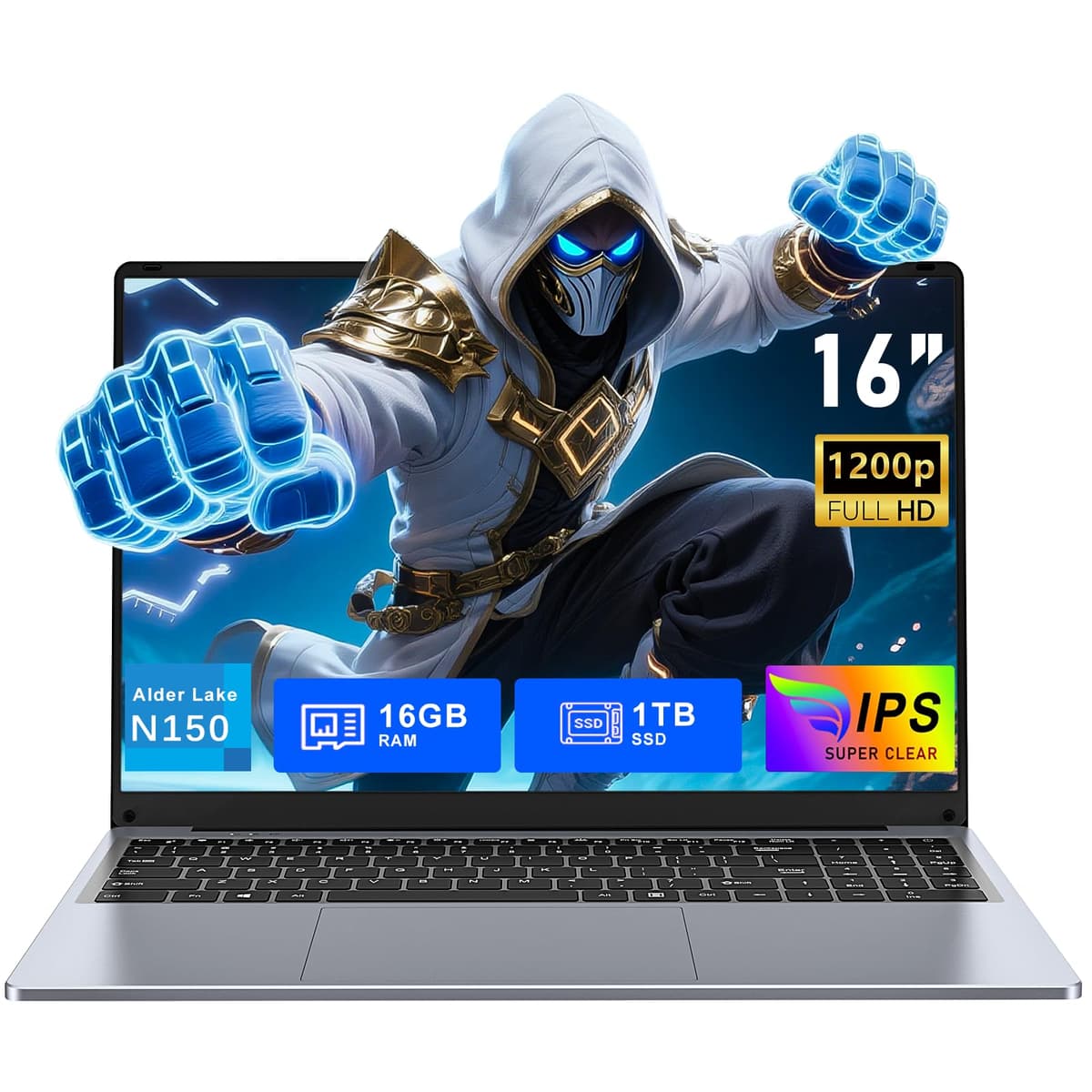 FUNYET Laptop para Juegos, Portátil de 16 pulgadas 2026 con Windows 11 Pro, 16 GB RAM 1 TB SSD, Procesador Intel 13ª Gen N150 (hasta 3.6 GHz), Teclado Retroiluminado, Bluetooth, Mini HDMI, Office 365, FHD 1920 × 1200 NY-08