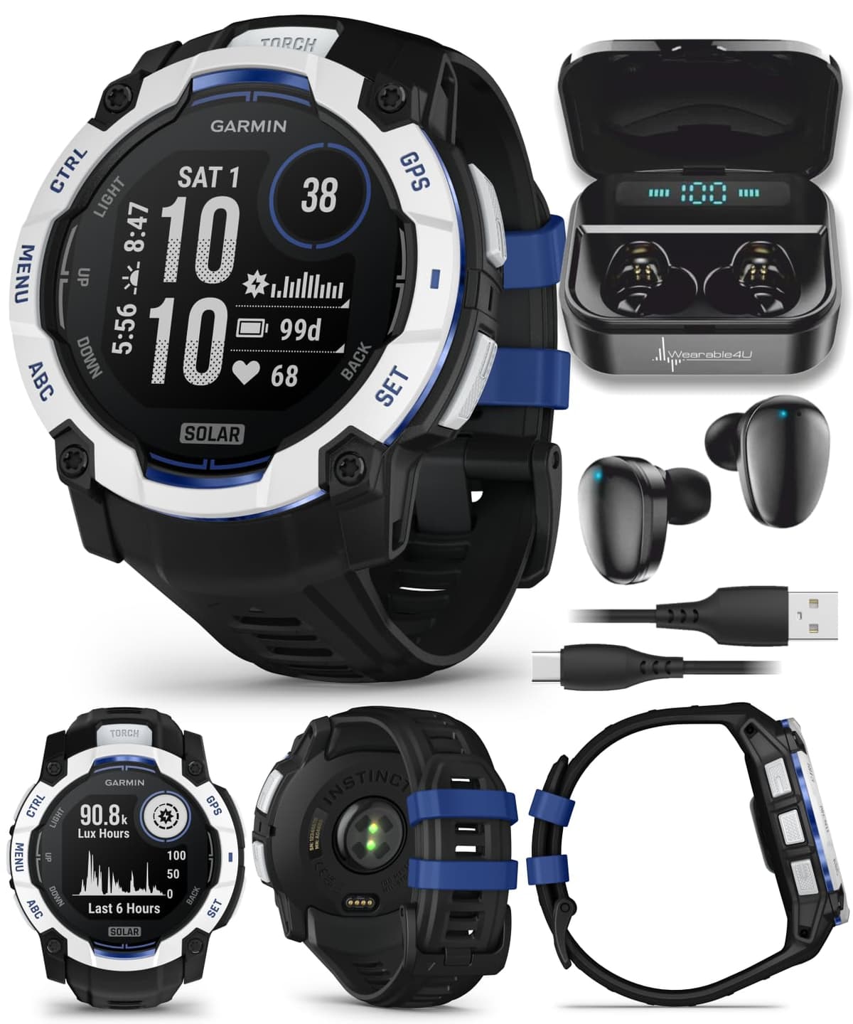 Wearable4U Garmin Instinct 3 Rugged Outdoor GPS Smartwatch - 50mm Solar, Supernova, Edición Limitada, Monitoreo de Salud y Fitness, Linterna Incorporada, Whitestone/Negro/Azul con Auriculares Negros Incluidos TWS X7