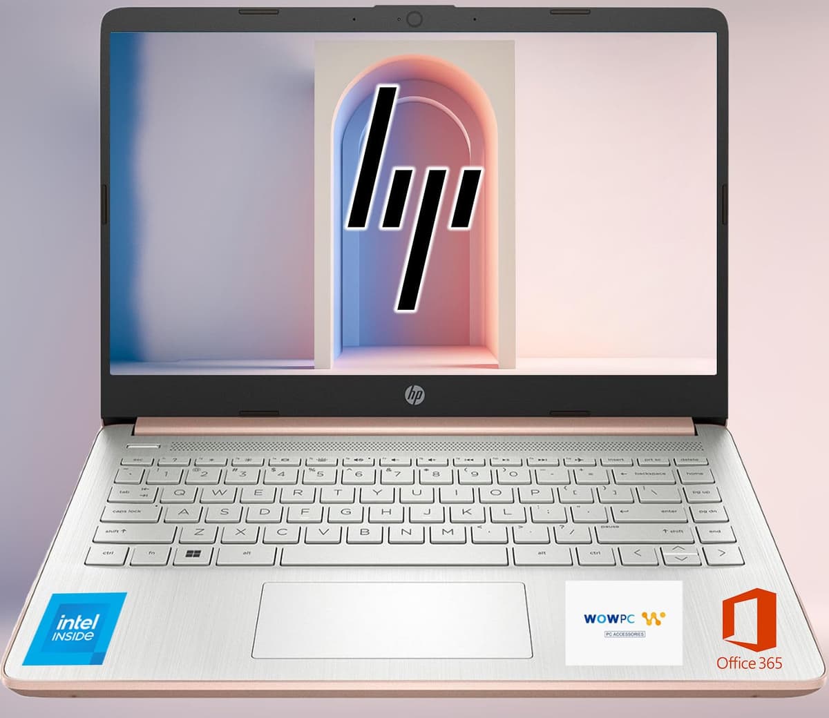HP 14 Ultrabook, CPU Intel, 32 GB RAM, 1, 6 TB de almacenamiento (128 GB integrados con disco portátil de 512 GB + 1 TB en OneDrive), hasta 12 horas de batería, Windows 11 Pro, rosa dorado, con paquete 3 en 1 WOWPC