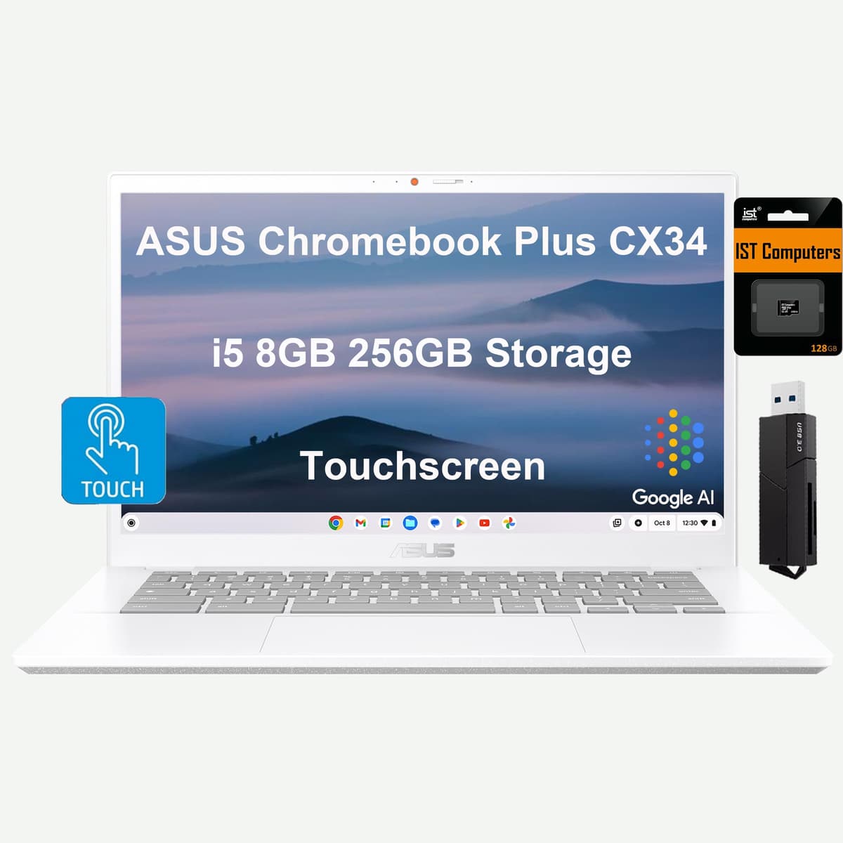 ASUS Chromebook Plus CX34, 14" FHD táctil, Intel Core i5-1335U, 8GB RAM, 256GB almacenamiento (128GB UFS + 128GB tarjeta IST SD), para empresas, 2TB en la nube, Google AI, Chrome OS, blanco
