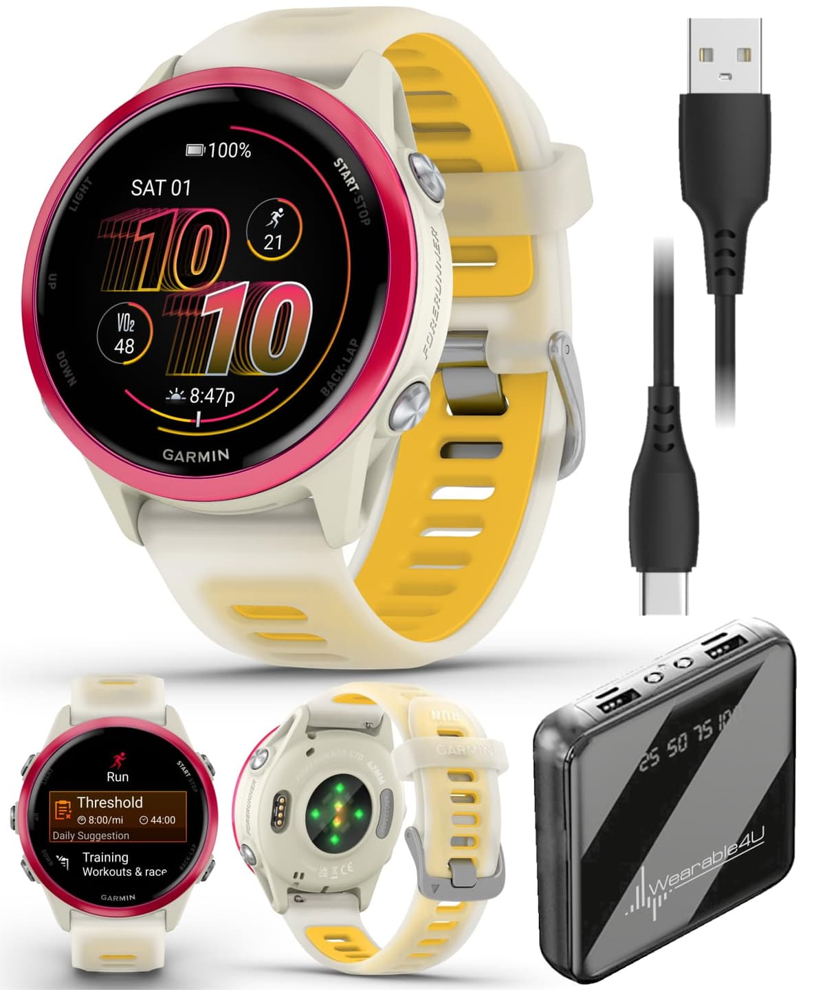 Garmin Forerunner 570 42 mm Reloj Inteligente Avanzado para Running y Triatlón con GPS, Pantalla AMOLED, Funciones de Entrenamiento y Recuperación, Aluminio Raspberry con Correa Translúcida Hueso/Mango y Paquete Wearable4U PowerBank