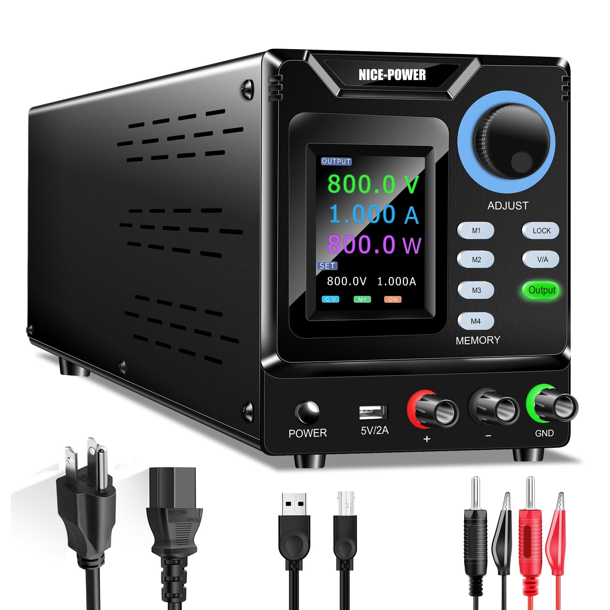 NICE-POWER Fuente DC Variable 0-800V 0-1A Programable con Memoria, Perilla Encoder y Software PC SPPS-D8001-232