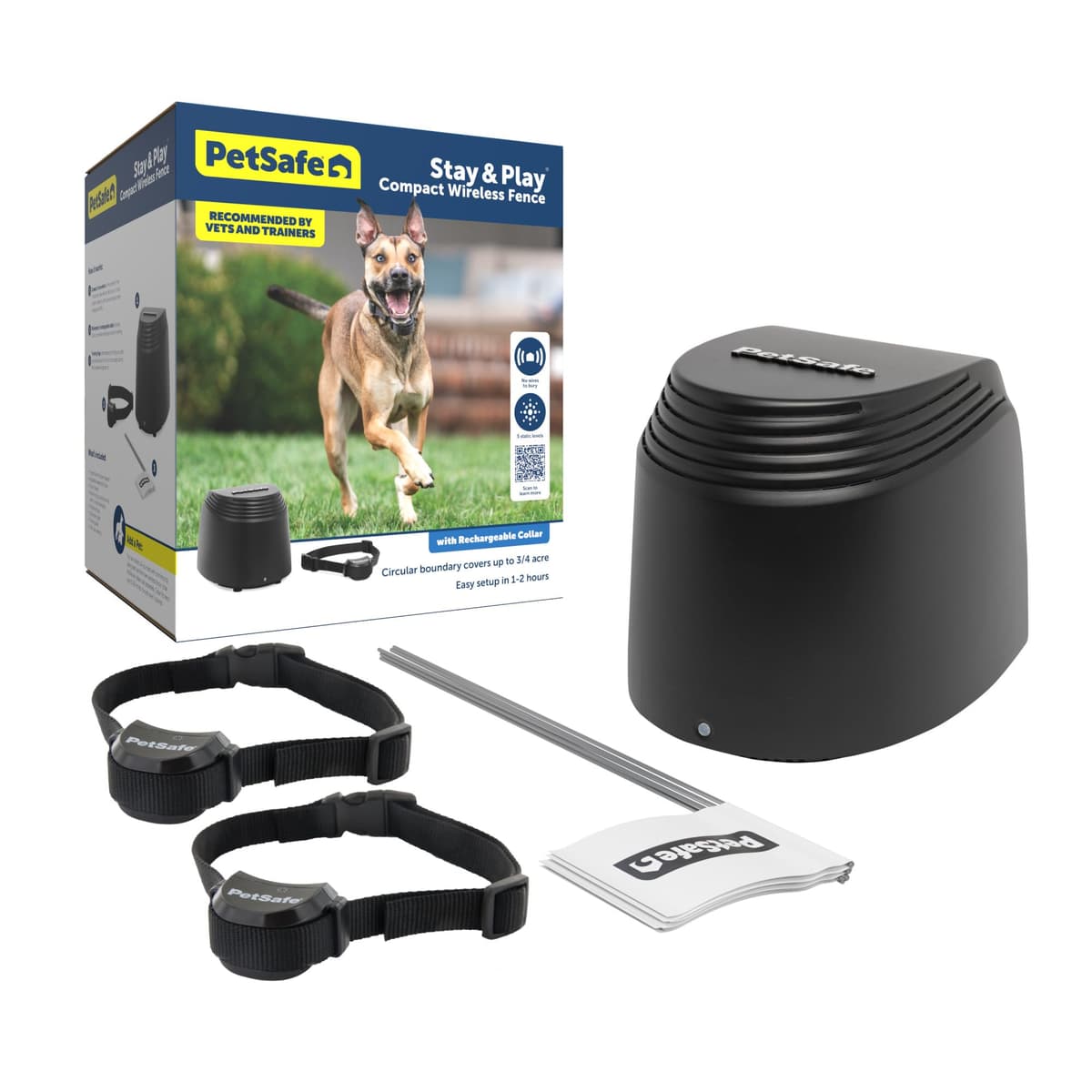PetSafe Stay & Play Cerca Inalámbrica Compacta para 2 Perros - Portátil y Sin Excavación - Incluye 2 Collares - Cubre Hasta 3/4 de Acre - para Perros de 5lb+ BND-139