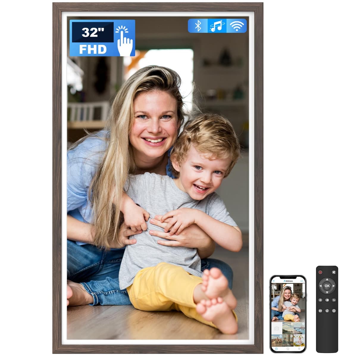 Arktronic Marco Digital Grande de 32 Pulgadas FHD con Pantalla Táctil, 64GB IPS FHD WiFi, Control Remoto, Compartir Fotos/Videos vía Apps y Email, Rotación Automática, Diseño Madera Oscura