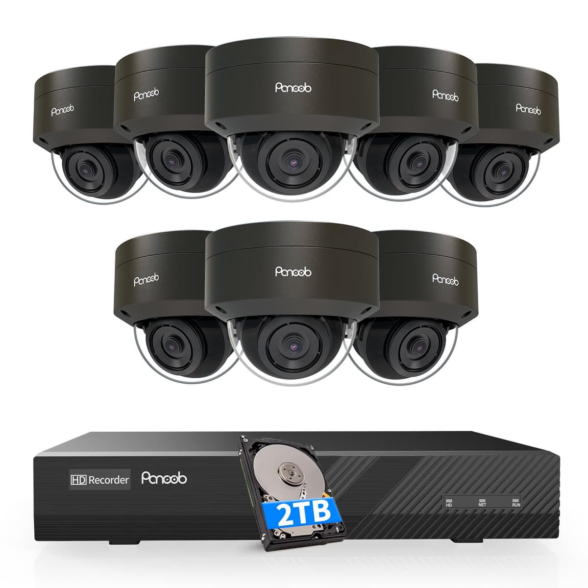 Sistema de Cámaras de Seguridad PANOOB PoE, 8 Cámaras Domo IP Cableadas 5MP IK10 Antivandalismo PoE, Detección Humana por IA, Acceso Remoto, Visión Nocturna IR 100 ft, Micrófono Integrado, NVR 4K 8 CH 2TB HDD, PD54B0808-5M
