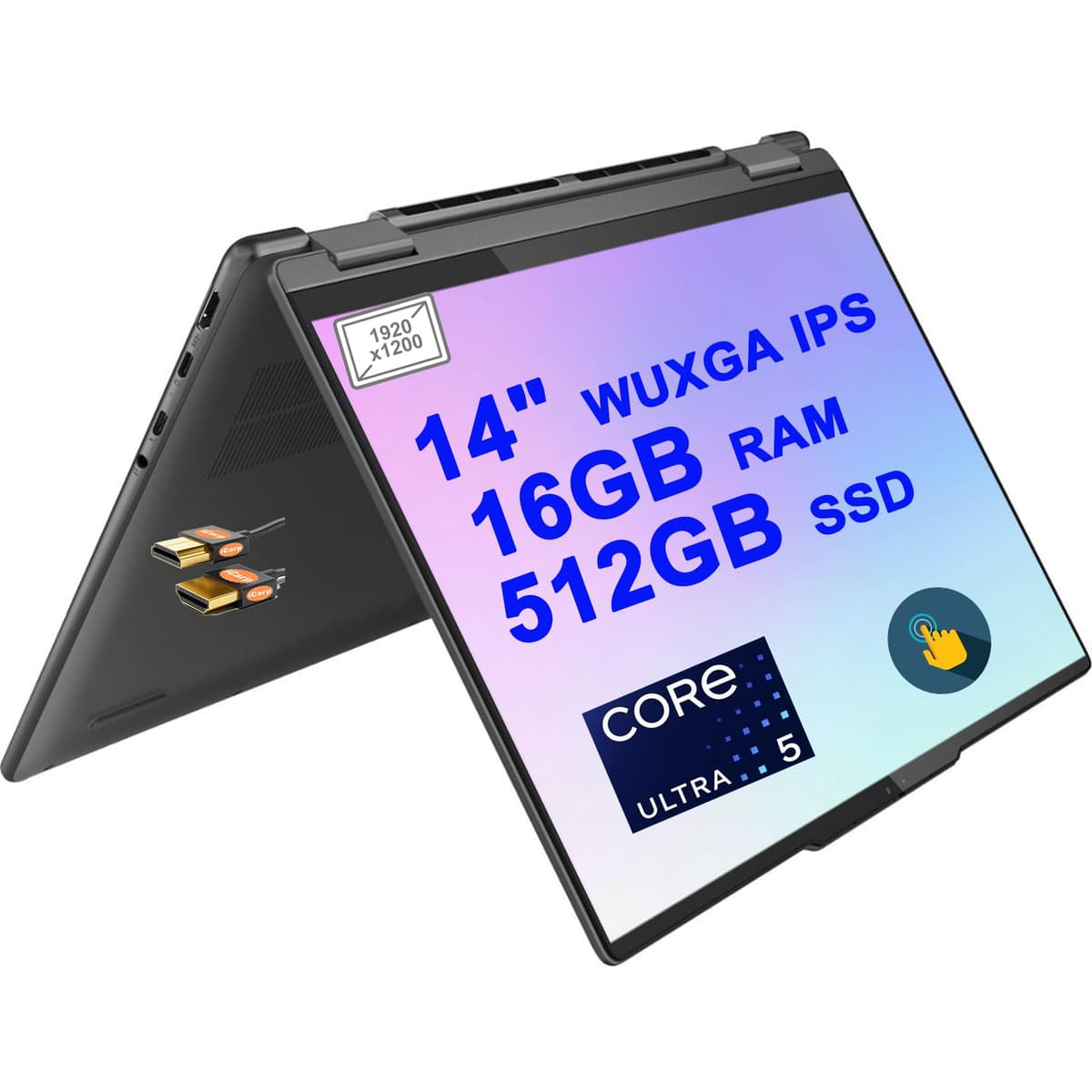Lenovo Yoga 7 14 2 en 1 PC Laptop AI 14" WUXGA IPS táctil (Brillante) Intel Ultra 5 de 12 núcleos 125U (equiv. a i7-1335U) 16GB RAM 512GB SSD Retroiluminada Huella Thunderbolt 4 Win11 Gris + Cable HDMI i5-1335U