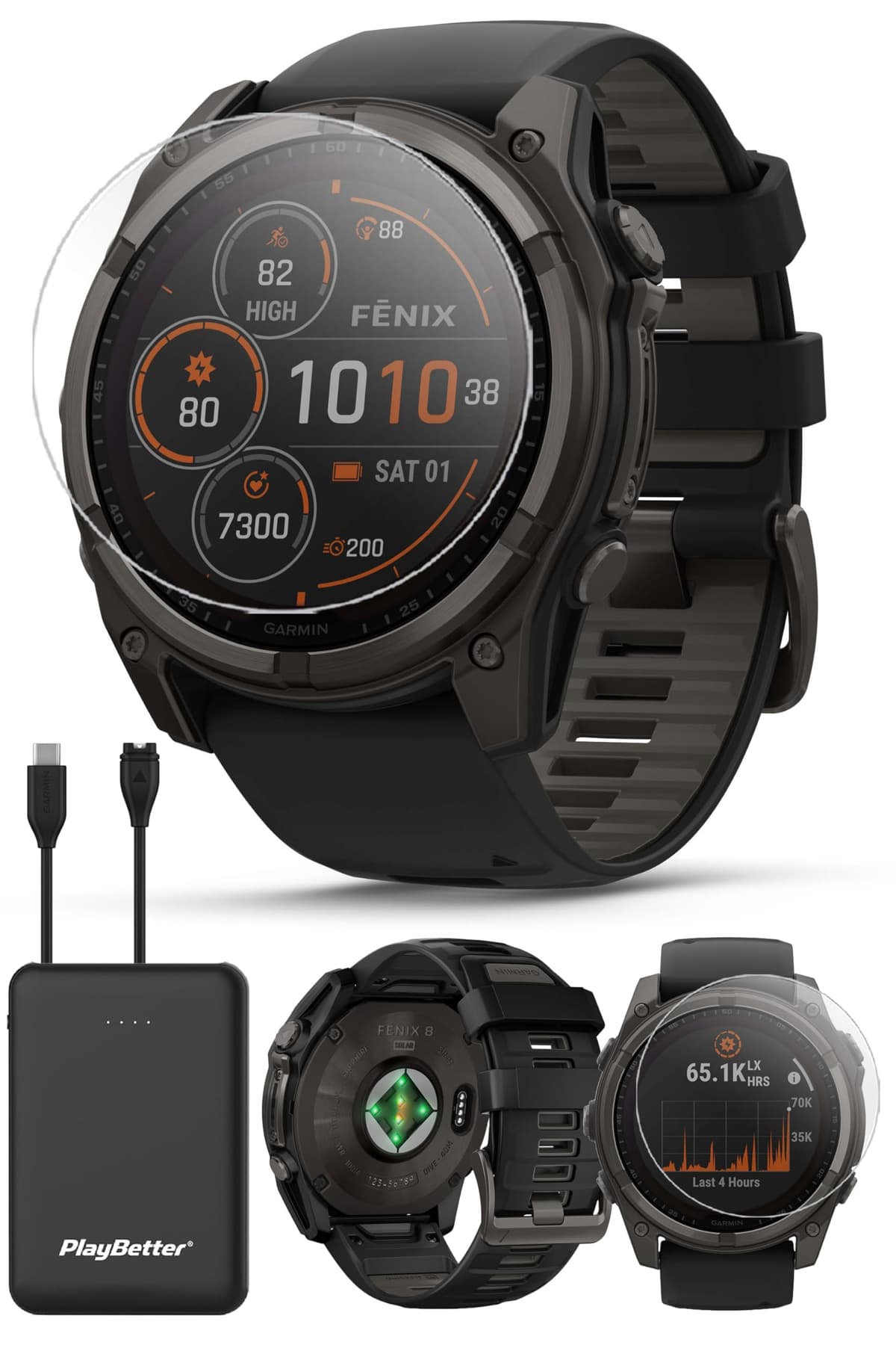 PlayBetter Garmin Fenix 8 Solar Sapphire (51mm, Carbon Gray DLC Titanium) Multisport GPS Smartwatch Bundle - 1.4” Touchscreen, Linterna LED, Cargador Portátil y Protectores 010-02905-20 (Watch) | Z05 (Charger)