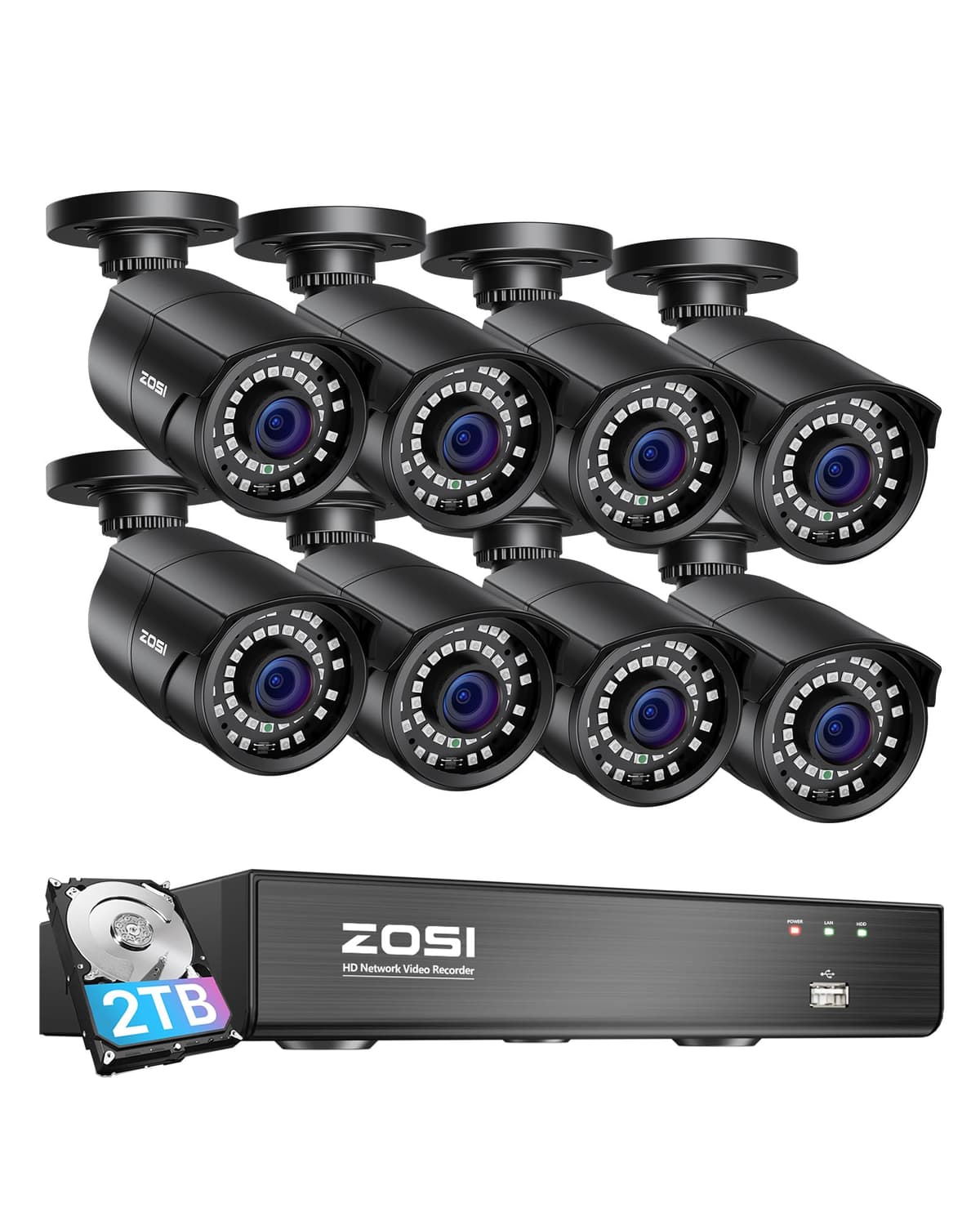 Sistema de cámaras de seguridad ZOSI 8MP 4K PoE para exteriores, NVR PoE H.265+ de 8 canales (expandible a 16) con disco duro de 2TB para grabación 24/7, 8 cámaras IP bullet de 5MP (3K), detección de movimiento, control remoto 8HQ-2615B8S-20-US-ANX2