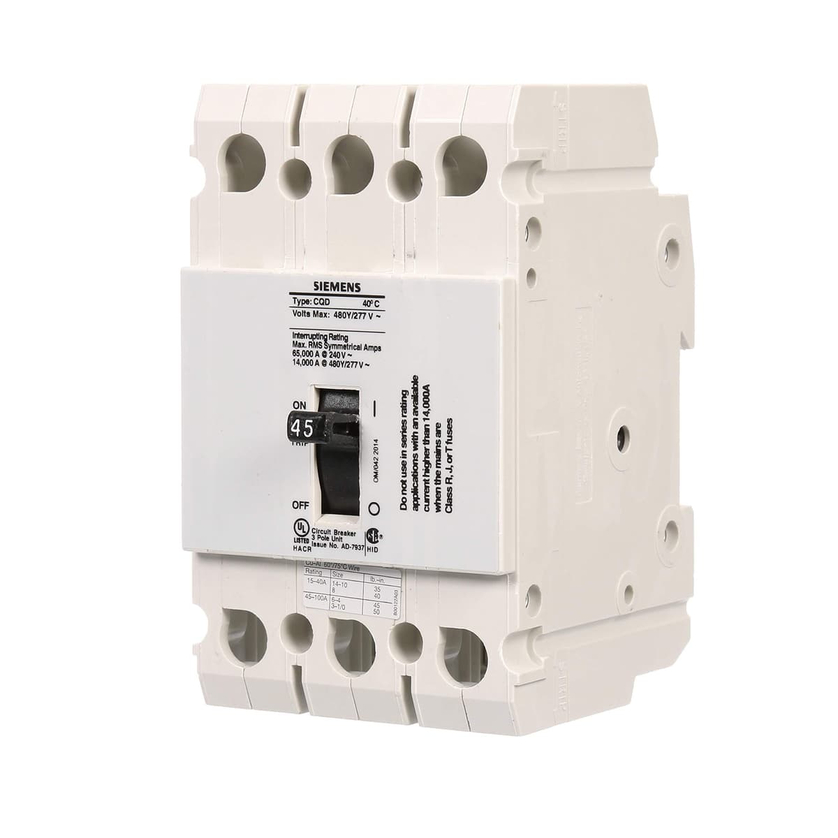 Siemens CQD345 Breaker Cable In/Cable Out 45A, 480/277V AC, 14kAIC