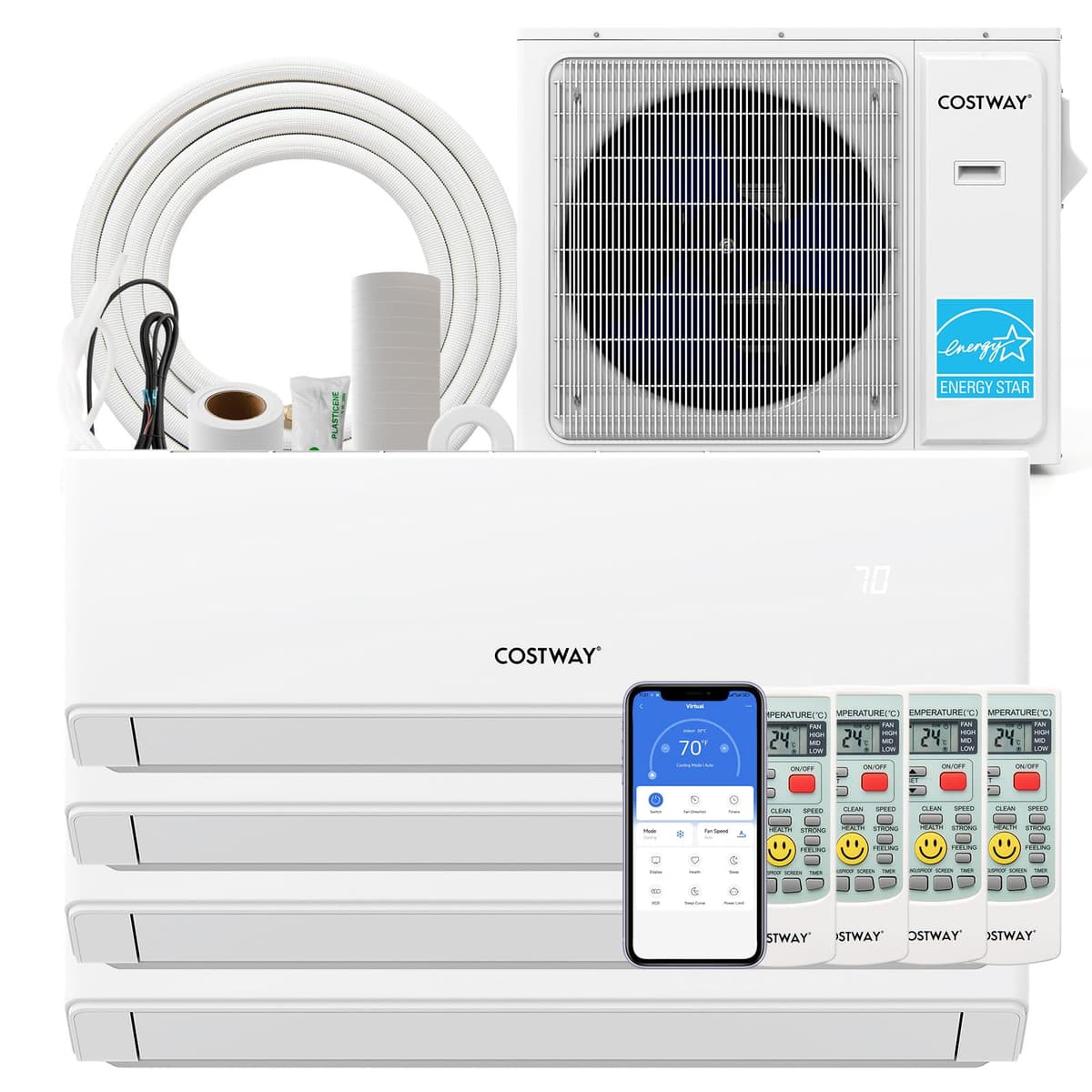 COSTWAY Mini Split 30k 4 zonas 7k+7k+7k+7k, 23 SEER2, Heat Pump WiFi, Ductless Energy Star