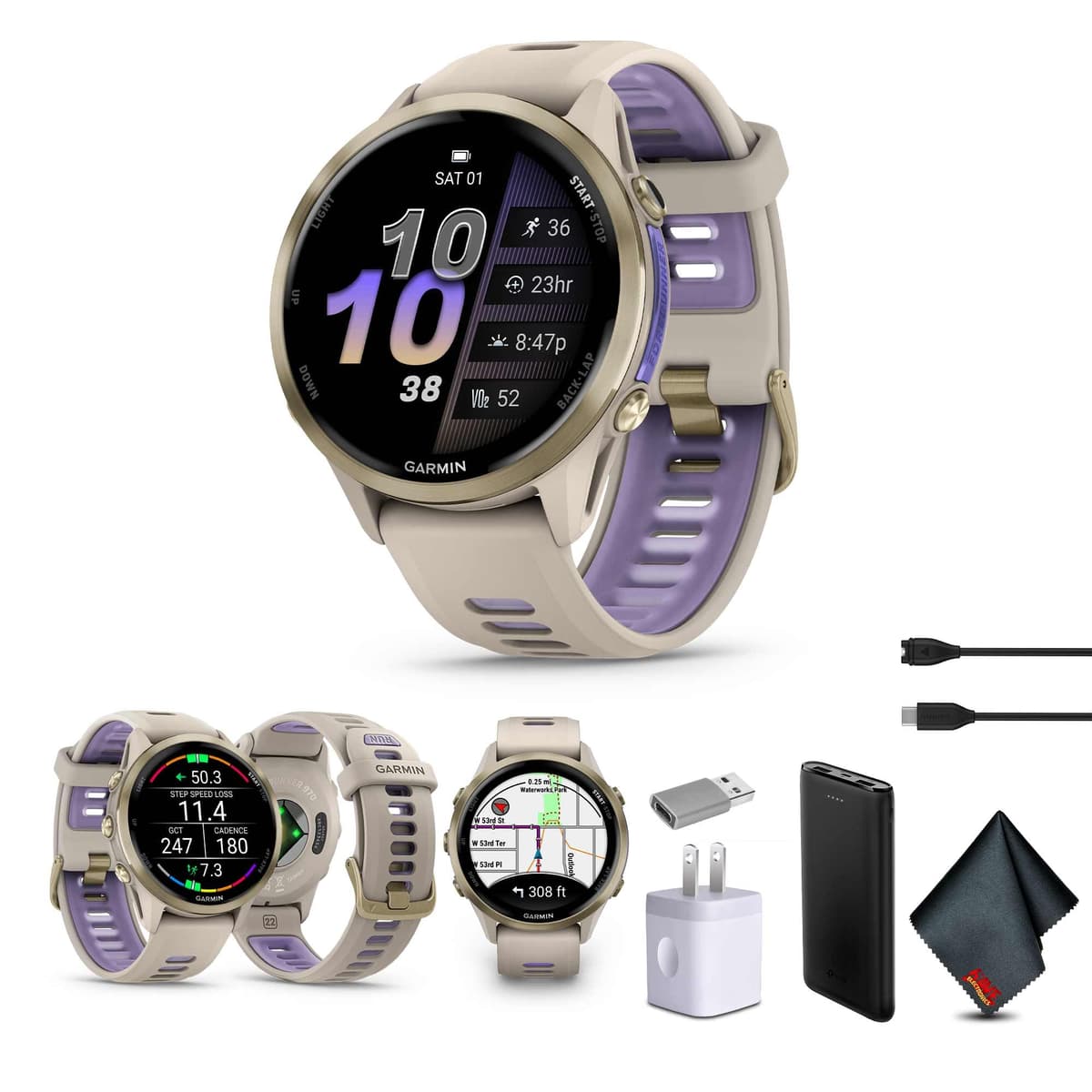 Garmin Forerunner 970 Reloj Inteligente para Correr, Reloj Deportivo con GPS para Hombres y Mujeres, Titanio Dorado Suave con Caja Gris Francés y Correa Gris Francés/Índigo Translúcido, Paquete con P-Bank y Más 010-02969-02-AG2-1