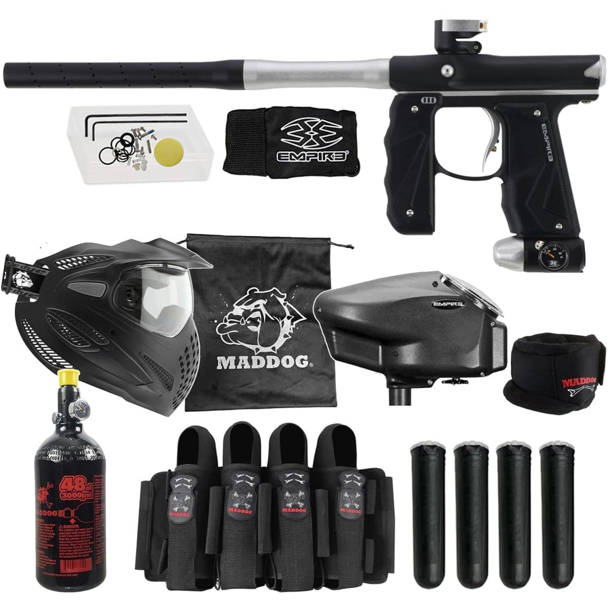 Maddog Empire Mini GS Full Auto con tanque HPA, cargador Halo Too, máscara térmica anti-vaho, protector de cuello y arnés 4+3 - Black/Silver