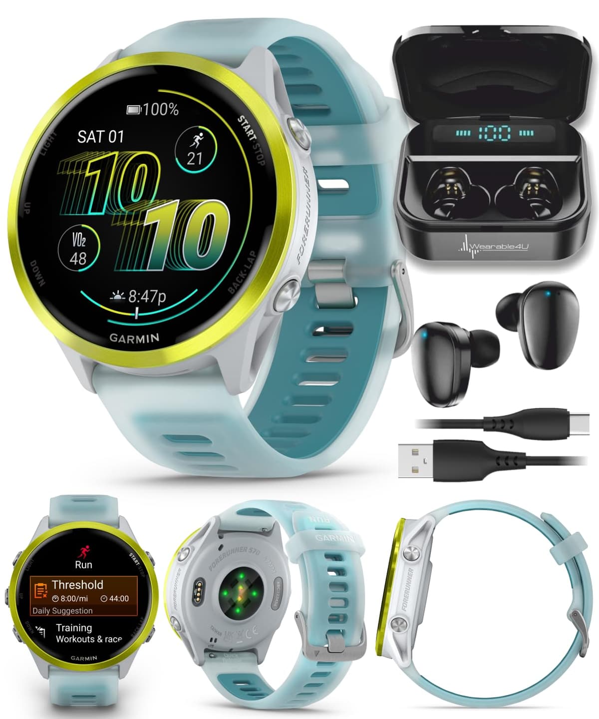 Garmin Forerunner 570 47 mm Reloj Inteligente Avanzado para Correr y Triatlón con GPS Pantalla AMOLED Entrenamiento y Recuperación Amp Amarillo Aluminio con Correa Translúcida Piedra Blanca/Turquesa y Paquete de Auriculares Wearable4U Negros TWS X7