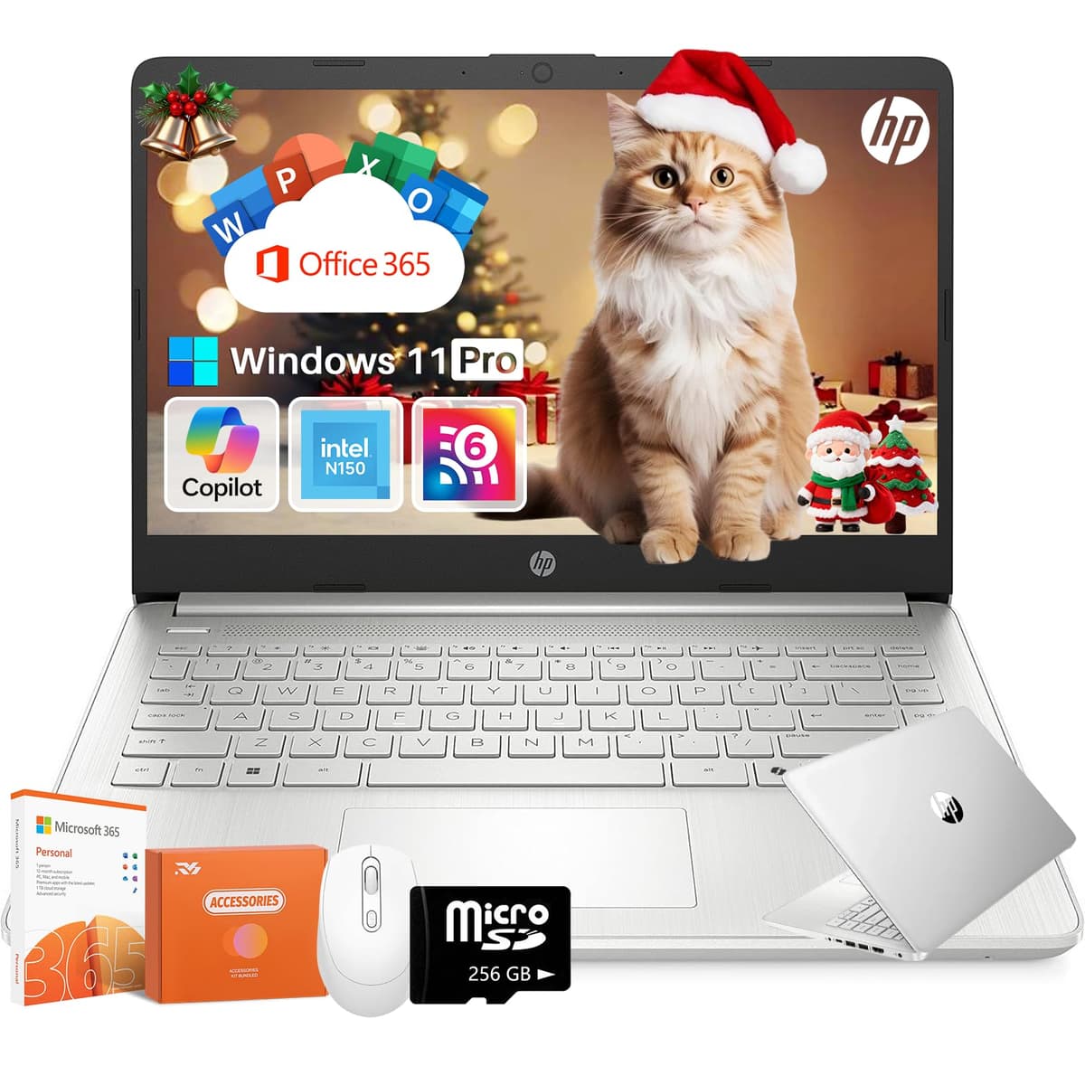 HP portátil 14 pulgadas para estudiantes y negocios, procesador Intel N150, 16 GB RAM, 384 GB de almacenamiento (128 GB eMMC + 256 GB SSD), Copilot IA, Windows 11 Pro, Wi-Fi 6, cámara HD, 1 año de Microsoft 365, batería de larga duración