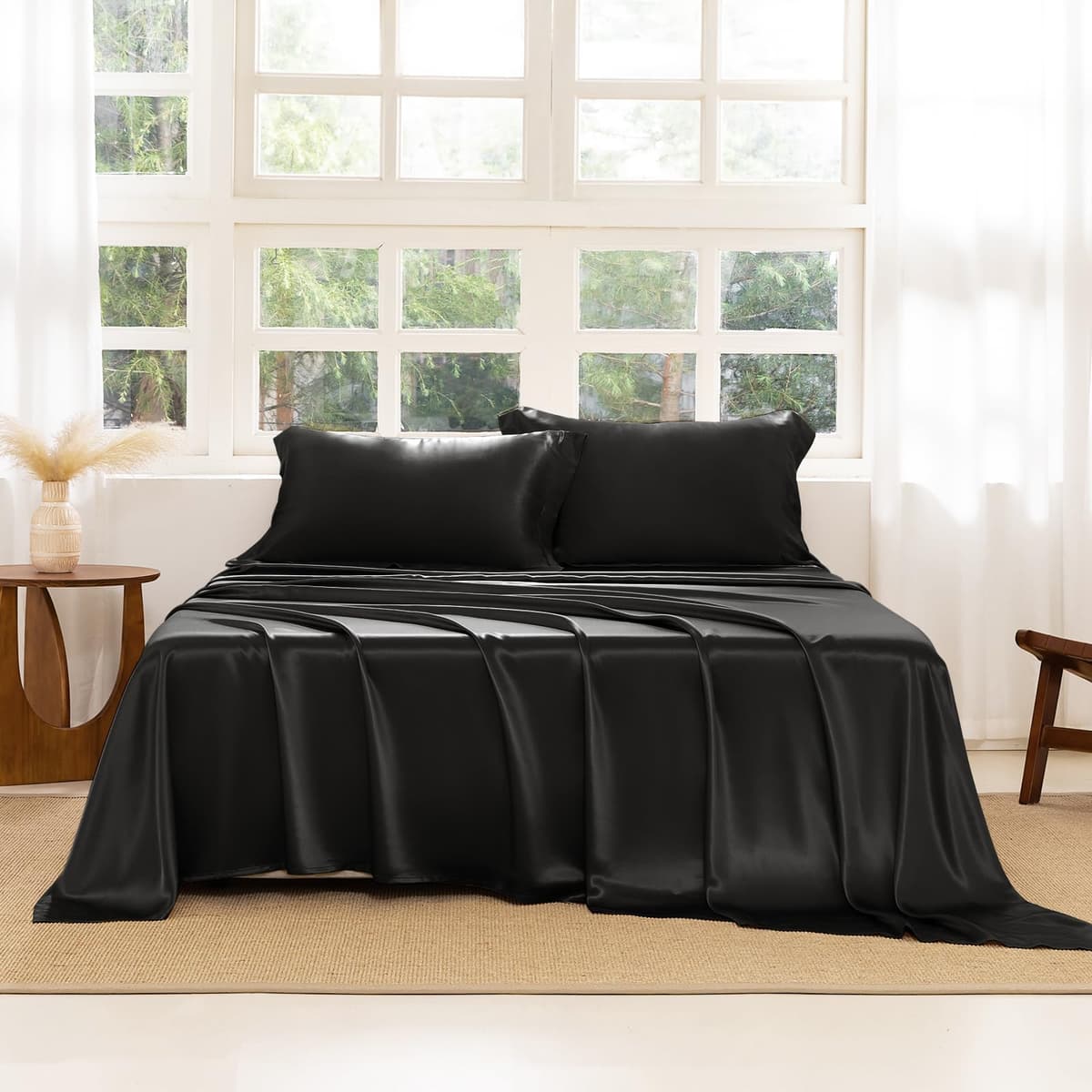 Juego de sábanas de seda THXSILK 22 Momme 4 piezas King, negro 22207