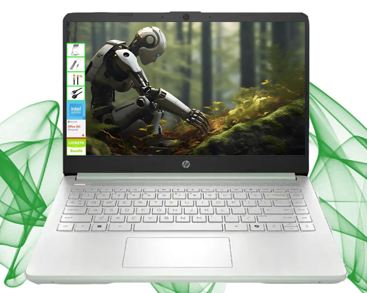 Laptop HP con Microsoft Office y 1 TB de almacenamiento en la nube (1 año) | Computadora de 14" HD | 16 GB RAM | 128 GB UFS | CPU Intel de 4 núcleos (mejor que i3-10110U) | Webcam | USB-C | Windows 11 Home en Modo S | Paquete LE 14-dq6013dx