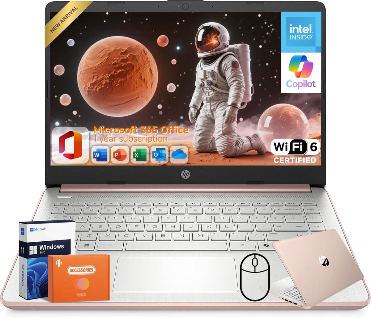 HP 2025 Laptop Empresarial Estudiantil 14", Procesador Intel N150, Office 365 1 Año, 16 GB RAM, 384 GB Almacenamiento (128 GB UFS + 256 GB MSD), Copilot AI, Wi-Fi 6, Larga Duración de Batería, Liviano, Windows 11 Pro, Accesorios HP Laptop