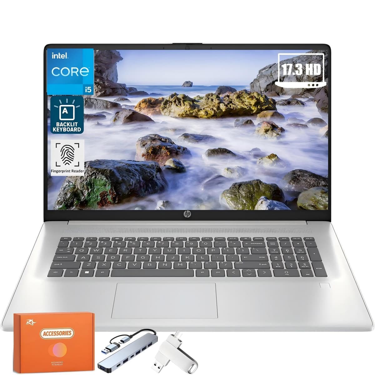 HP 17.3" para Negocios y Estudiantes, Intel i5-1334U (hasta 4.6 GHz), 17.3" HD+ BrightView, 64 GB RAM, 2 TB SSD, Wi-Fi 6, teclado retroiluminado, lector de huellas, Windows 11 Pro, con accesorios HP Laptop 17 inch+