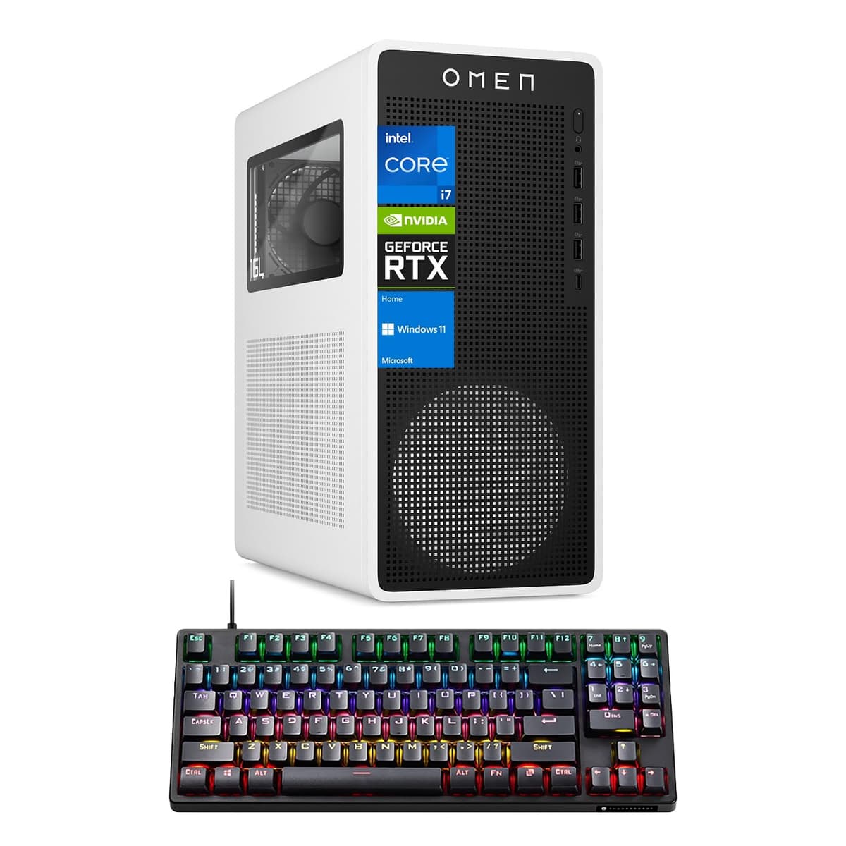 HP OMEN 16L TG03 RTX 5060 Escritorio Gamer, Intel Core i7-14700F, NVIDIA RTX 5060, 64GB DDR5 RAM, 1TB SSD, RGB Light Studio y Gaming Hub, W11H, Blanco, Bundle con Teclado Gamer Thunderobot KG3089R TG03-0100T