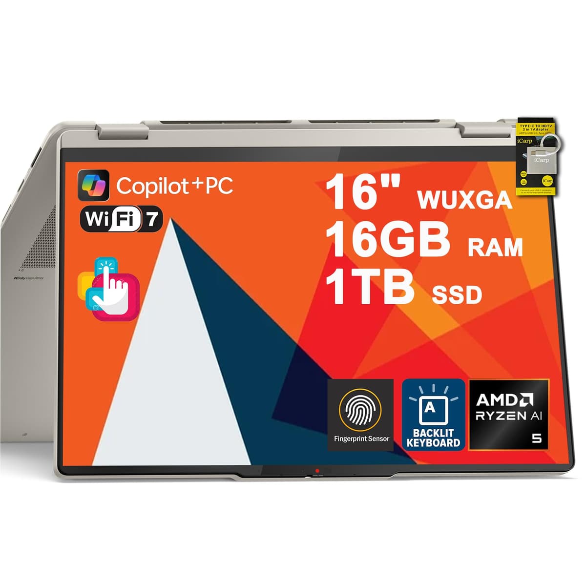 Lenovo Yoga 7 2 en 1 Laptop 16" WUXGA IPS Táctil (Brillante Antihuellas) AMD Ryzen AI 5 de 8 núcleos 340 (Hasta 50 TOPs de IA) 16GB RAM 1TB SSD para Creadores Negocios Profesionales Win11Pro ICP Hub Copilot+ IA