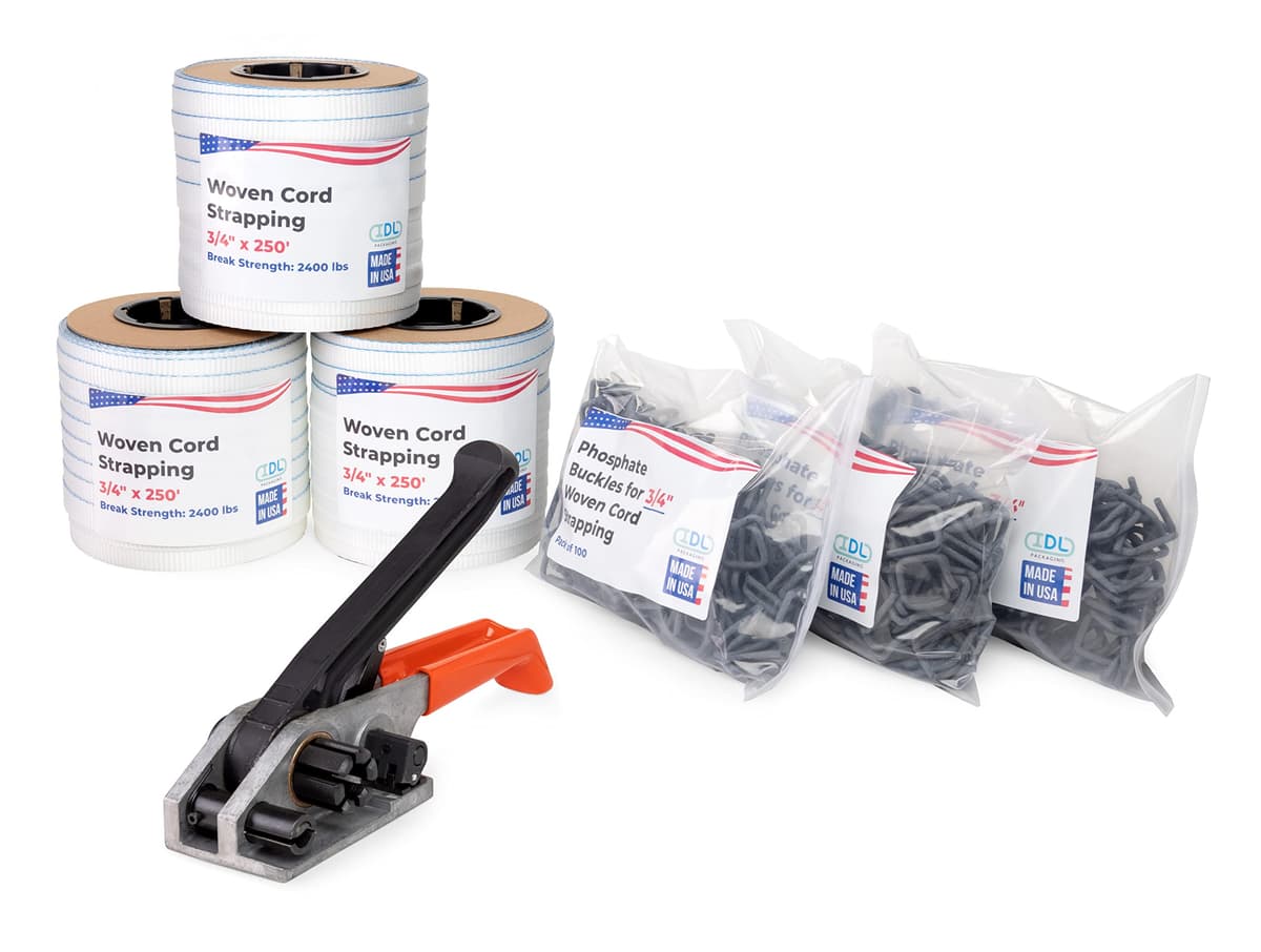 IDL Packaging Kit de flejes cordón tejido 3/4" x 750' (2400 lbs) - 300 hebillas incluidas US-WCSK.34.750