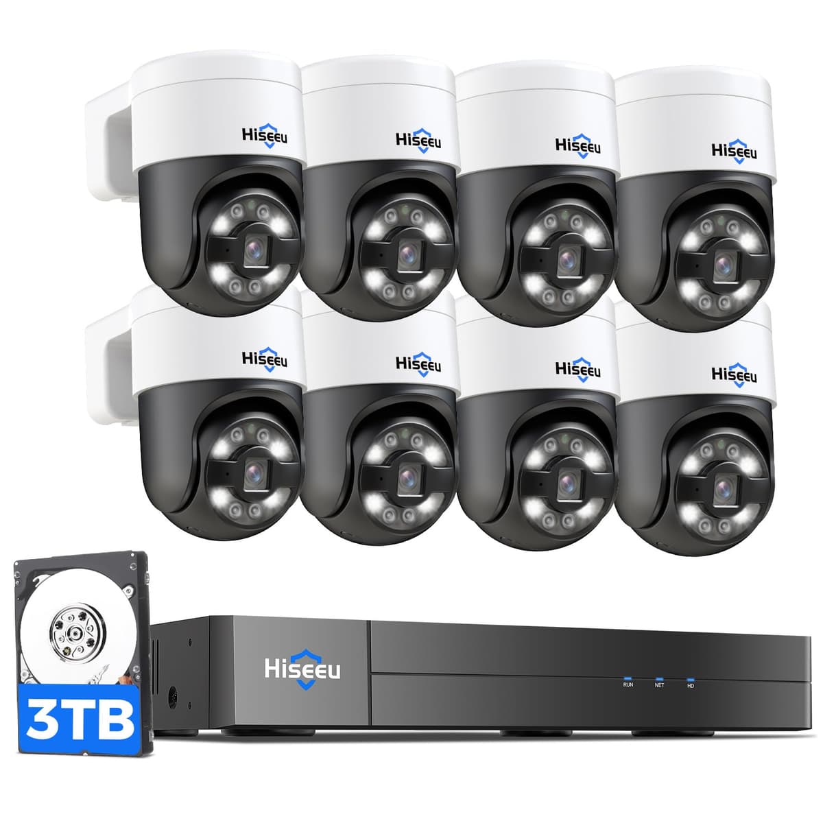 【Seguimiento Humano+Paneo 300° Inclinación 90°】 Sistema de Cámara de Seguridad Hiseeu 4K PoE, NVR Cableado con 8 * Cámara PTZ PoE 5MP Exterior e Interior, Audio Bidireccional, Visión Nocturna en Color, Grabación 24/7 PK-8YHD985-CT-1
