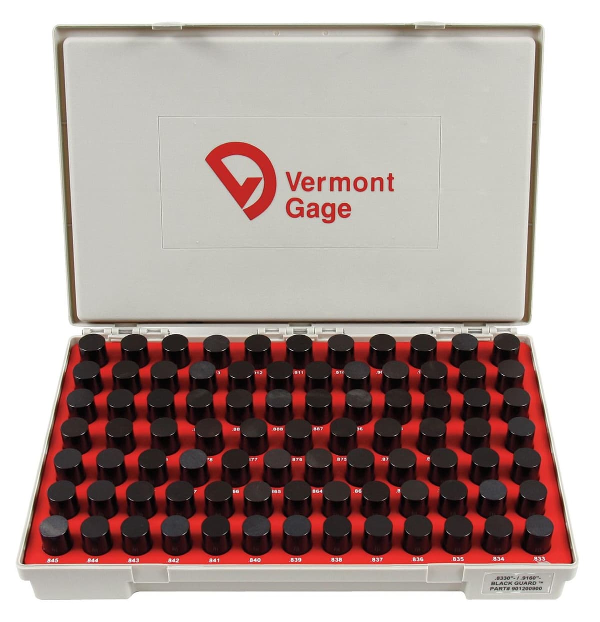 Juego de calzas tipo No-Go Vermont Gage, acero tratado en óxido negro, Clase ZZ, 0.8330 - 0.9160" (84 piezas) 901200900