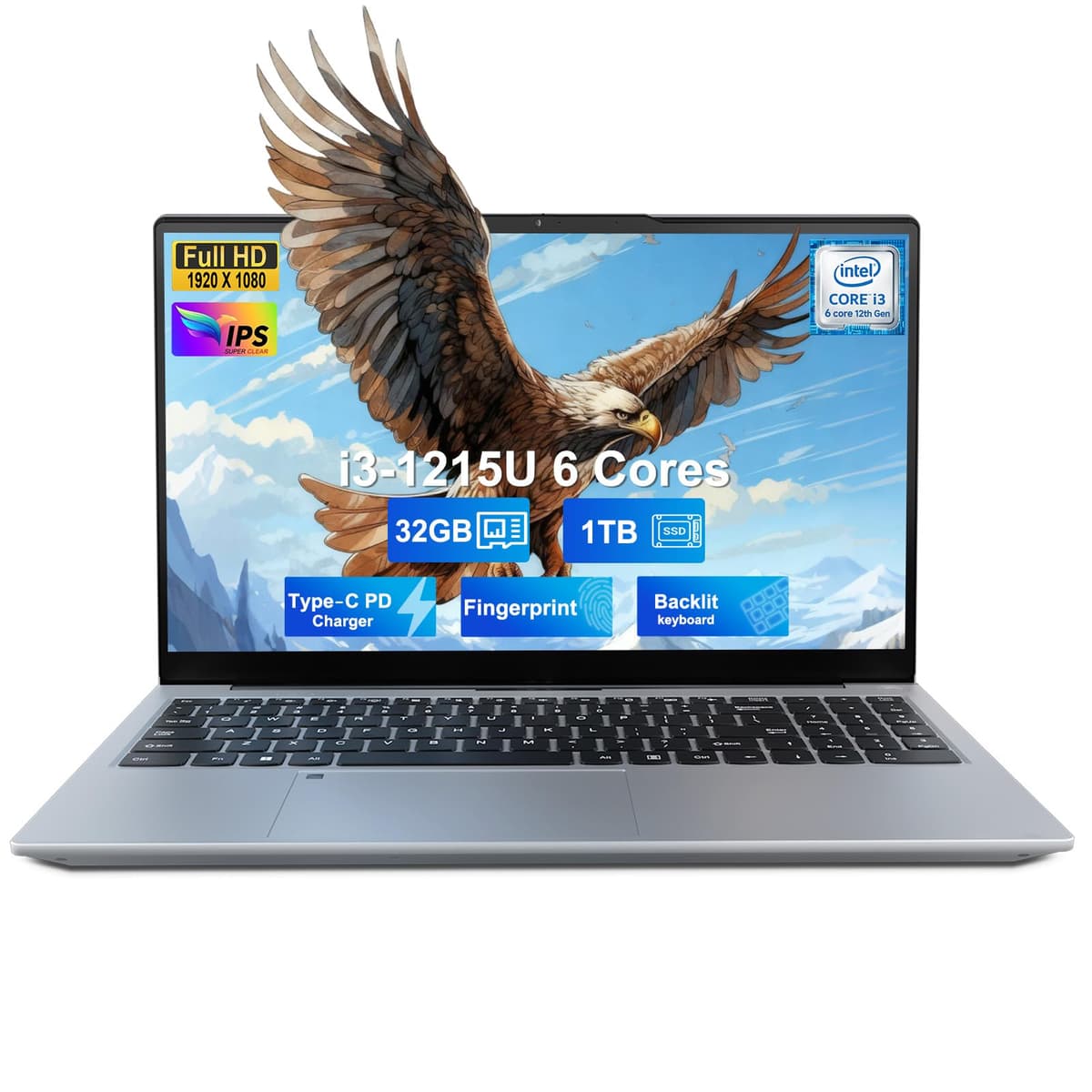 NIMO 15.6" IPS FHD Laptop para Estudiantes, Intel i3-1215U 6 núcleos, 32GB RAM, 1TB SSD (Gráficos Beats R5 7520U, hasta 4.4GHz), Cargador Tipo-C 65W, Teclado Retroiluminado, Lector de Huellas, Wi-Fi 6, para Hogar y Negocios NIMO N154